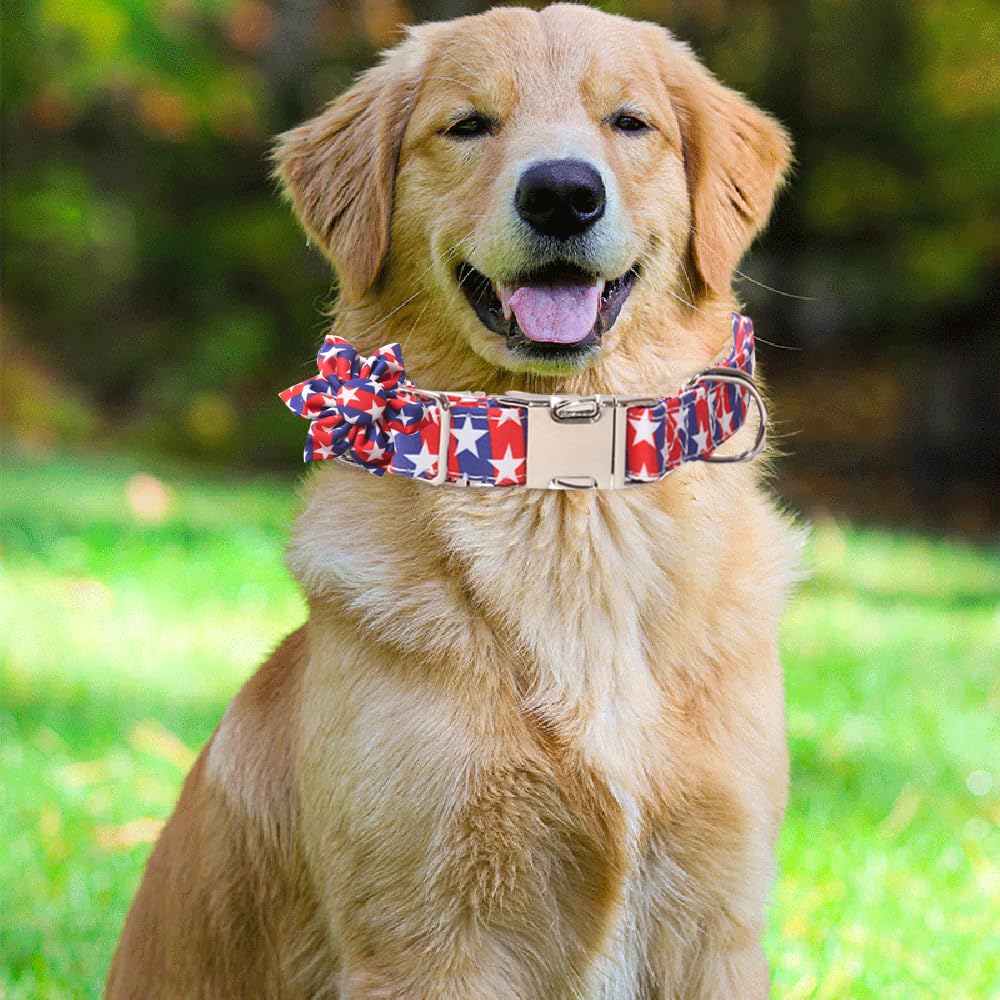 Bnibol 4Th Of July American Flag Dog Collar, Red Blue Bow Tie Dog Collar With Metal Adjustable Buckle,Soft And Comfortable Indep