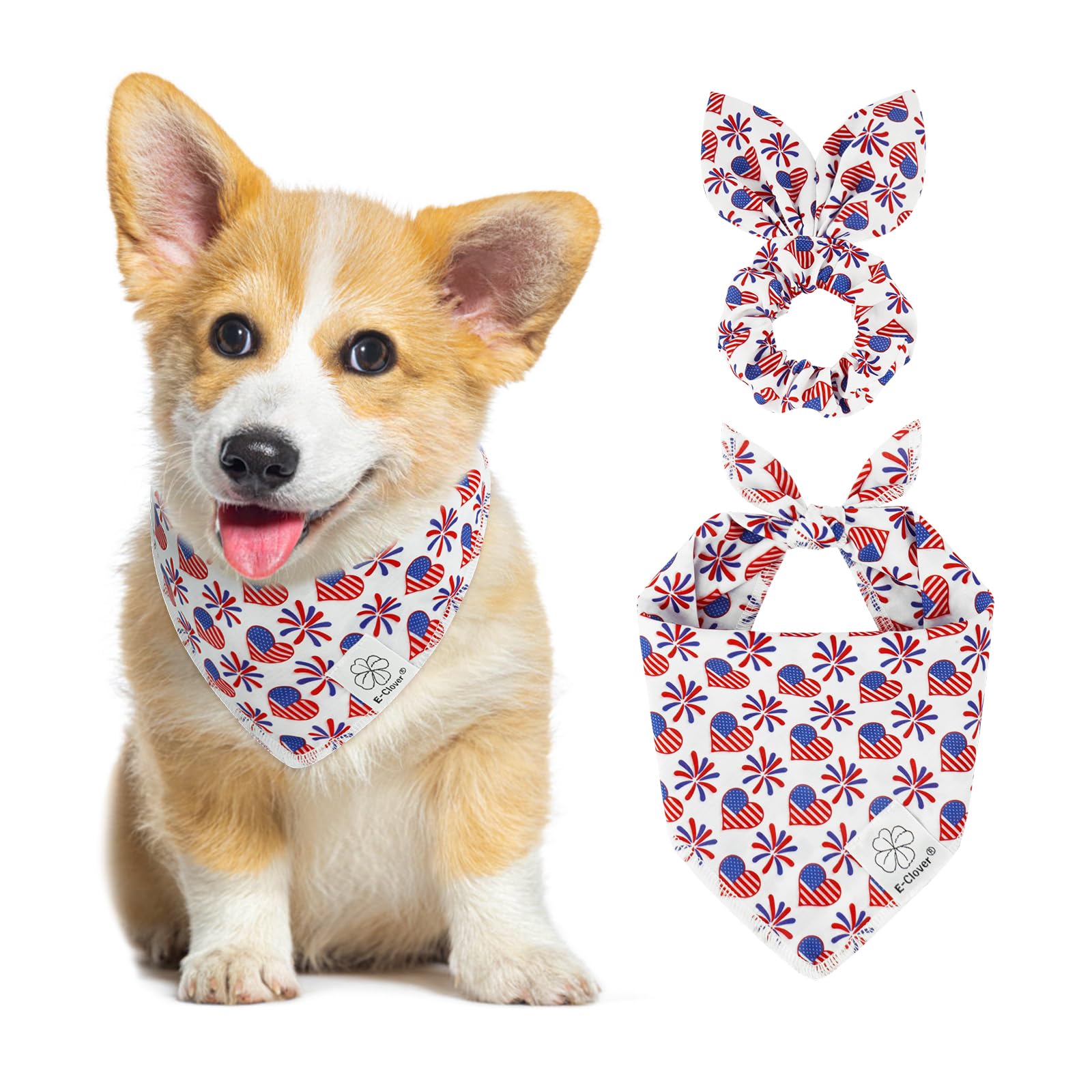 E-Clover 4Th Of July Dog Bandanas & Matching Scrunchie Set American Flag Dog Scarf Bibs Pet Bandana With Bow Tie For Small Dogs 