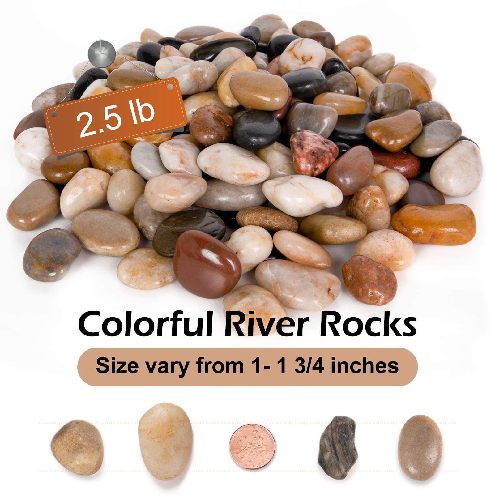 Gaspro 2.5Lb Decorative Rocks For Planters, Pots Indoor, Landscaping In Garden, Vases, Aquarium, Polished River Stones, 1-1 3/4
