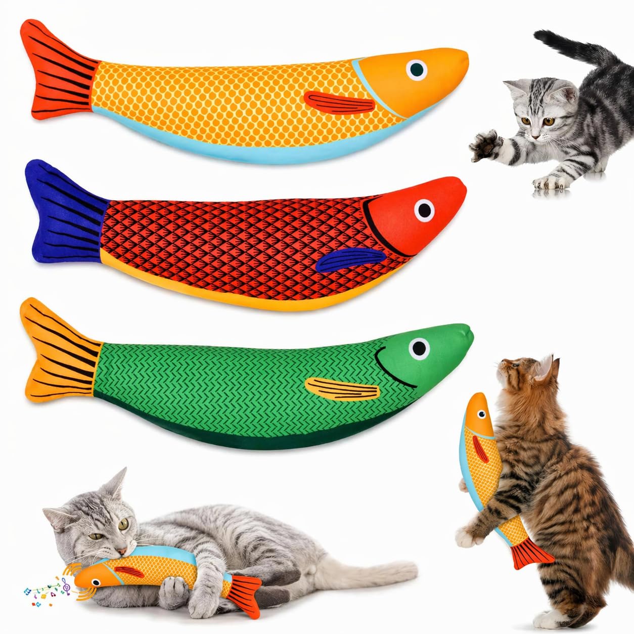 Bohobark 3Pack Catnip Fish Toys For Cats | Plush Interactive Kicker Toy With Crinkle Paper | BiteResistant Cat Chew Toys For K