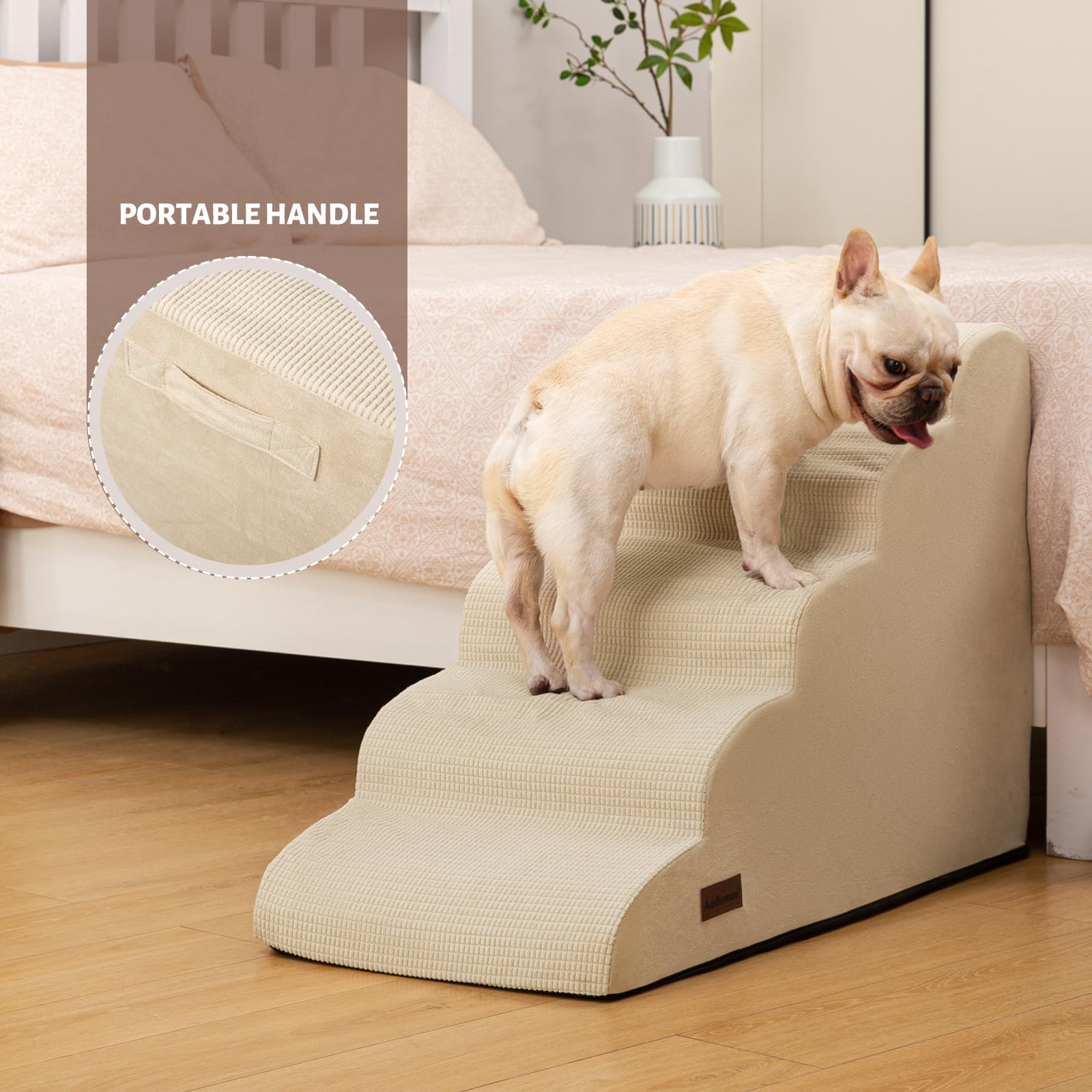 Aodisman 5-Step Dog Stairs and Ramp for High Bed,Non-Slip Sturdy Pet Steps for Small Dogs and Cats,22.2 H,Beige