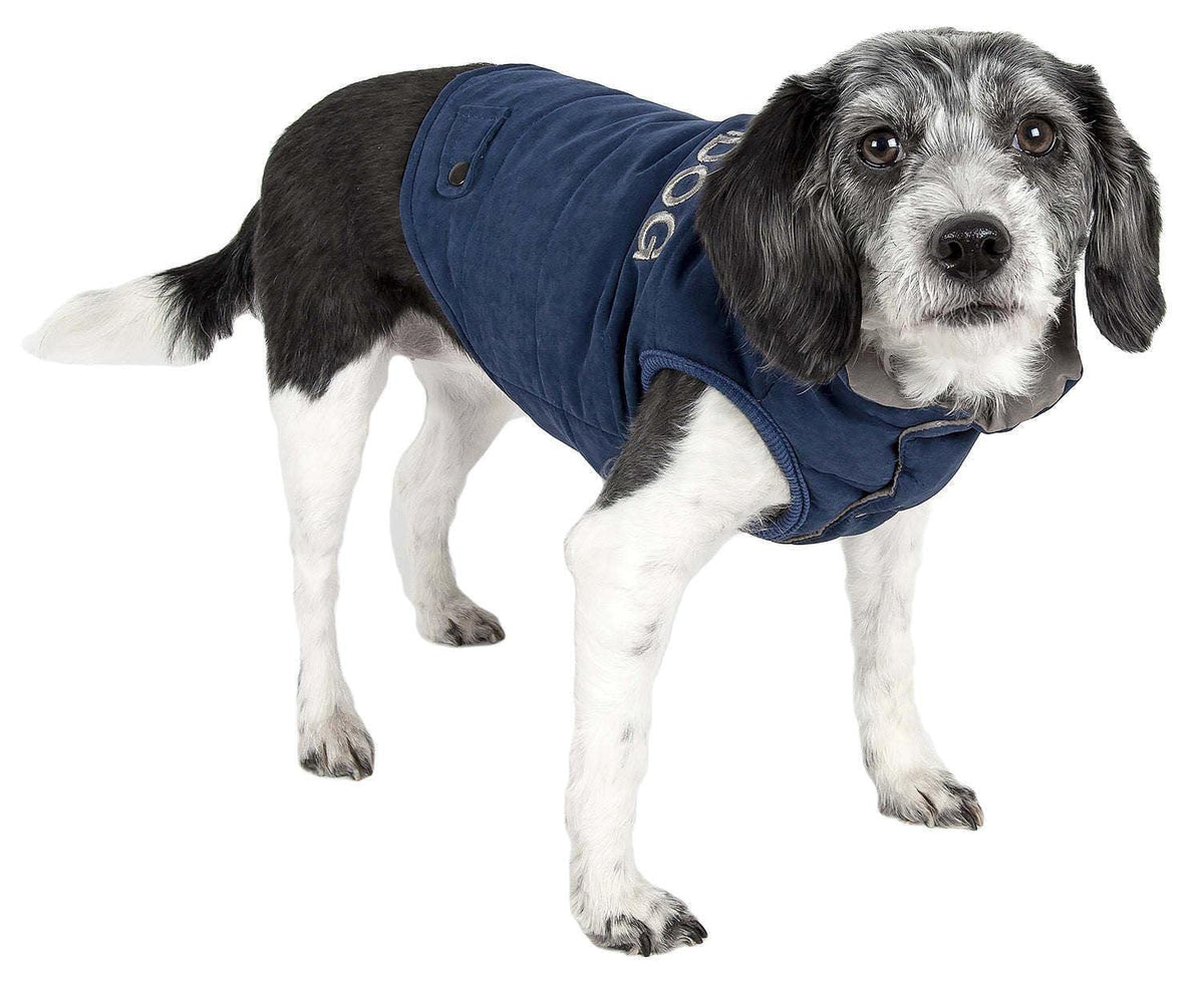 TOUCHDOG 'Waggin Swag' Fashion Designer Reversible 3M Insulated Pet Dog Coat Jacket, Large, Blue / Grey