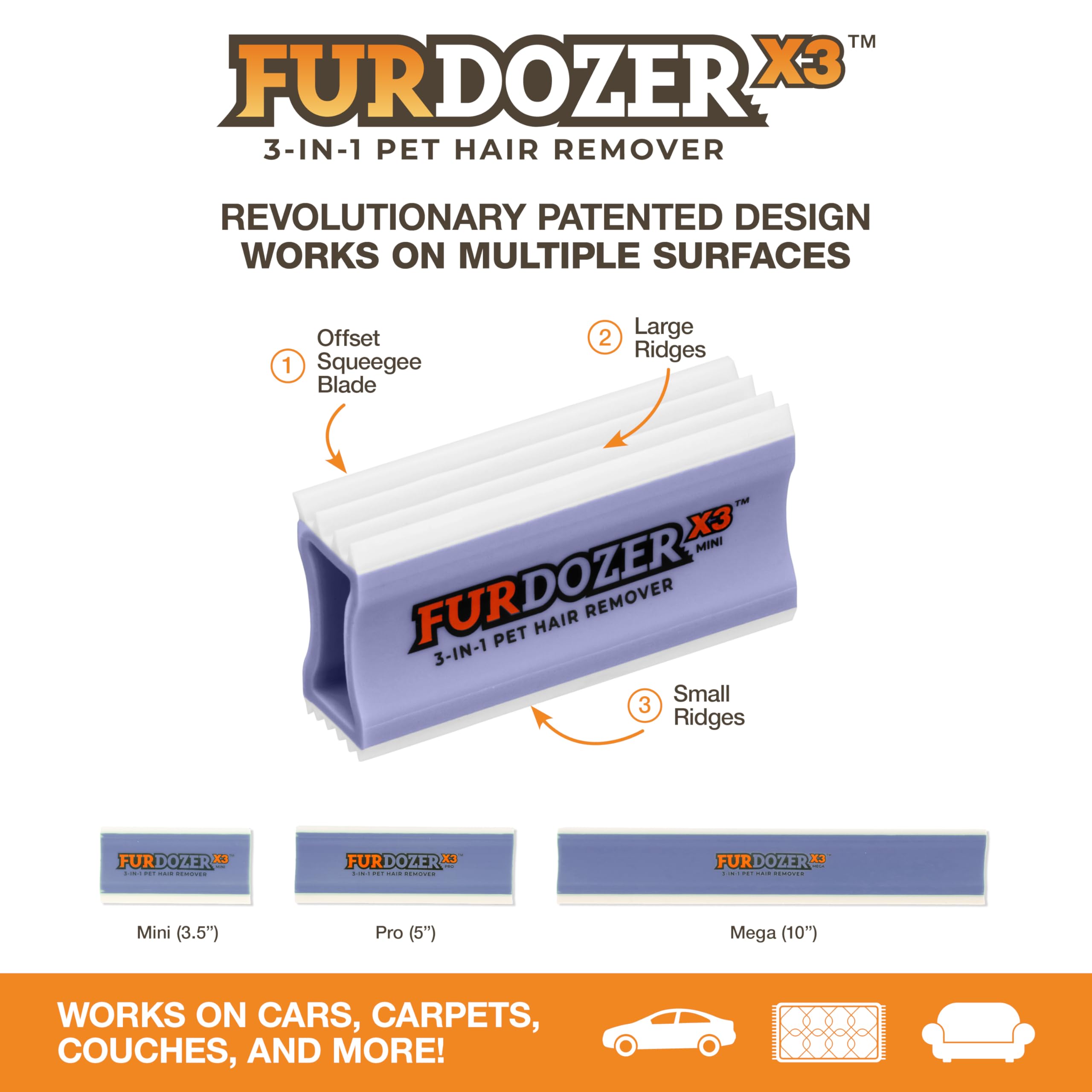 Furdozer X3 Mini Pet Hair Remover & Auto Detailing Tool - Cat & Dog Hair Remover For Carpet, Car Interior, Couch, Bedding, & Fur