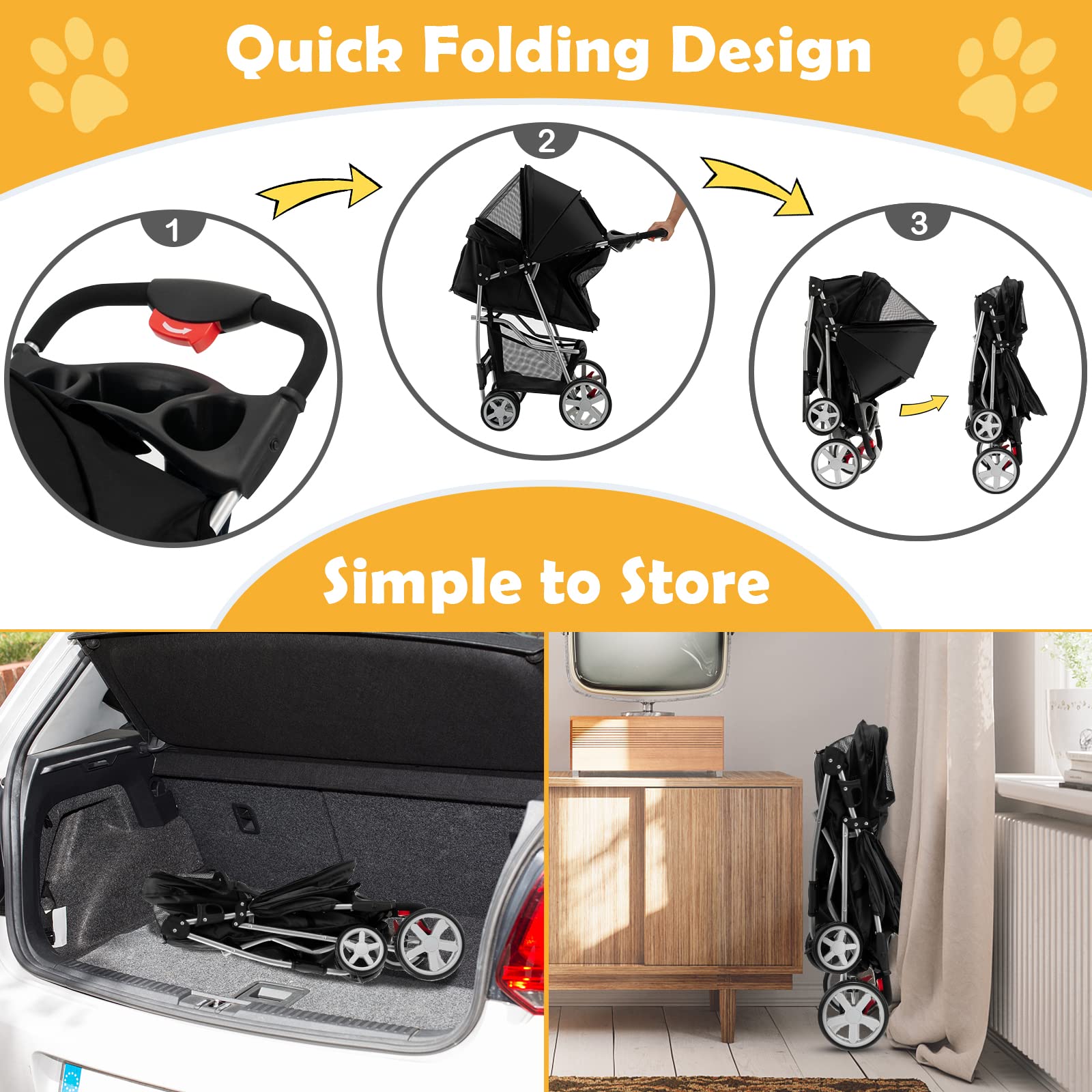 Giantex Folding Dog Stroller For Small Medium Dogs Cats Puppy, 4 Lockable Wheels Cat Stroller Pet Travel Carrier Strolling Cart,