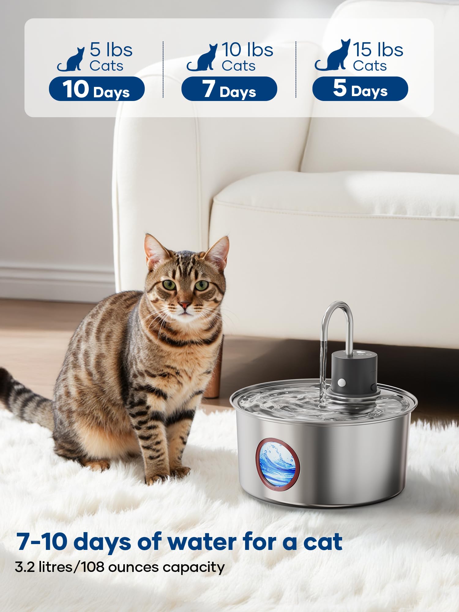 Fwmb Wireless Cat Water Fountain Battery Operated - Stainless Steel Cat Dringking Fountain Cordless,Rechargeable Fountain With S