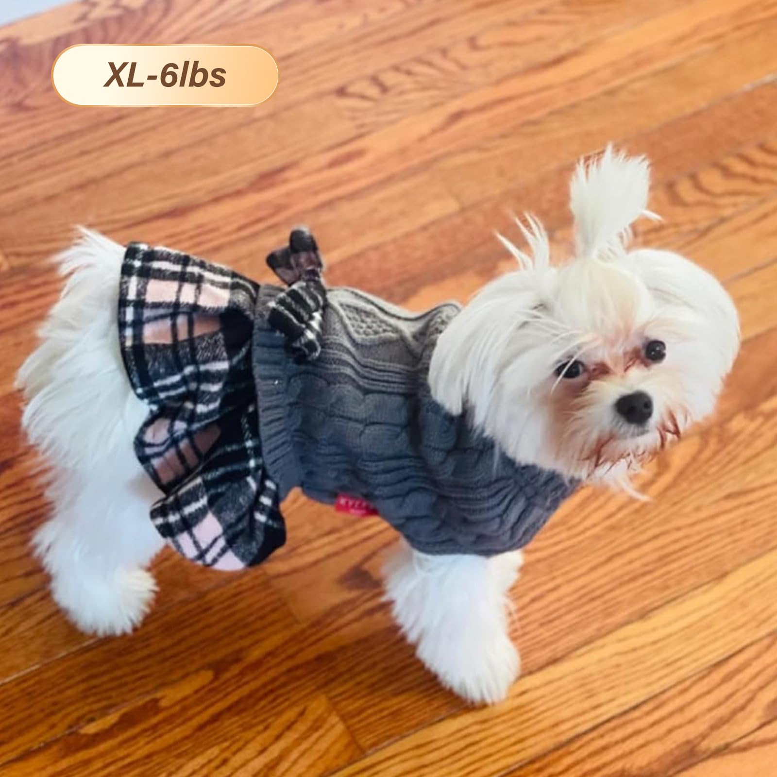 Kyeese Dog Sweater Dress With Leash Hole For Small Medium Dogs With Bowtie Checkered Turtleneck Dog Sweaters Warm Pet Sweater Grey