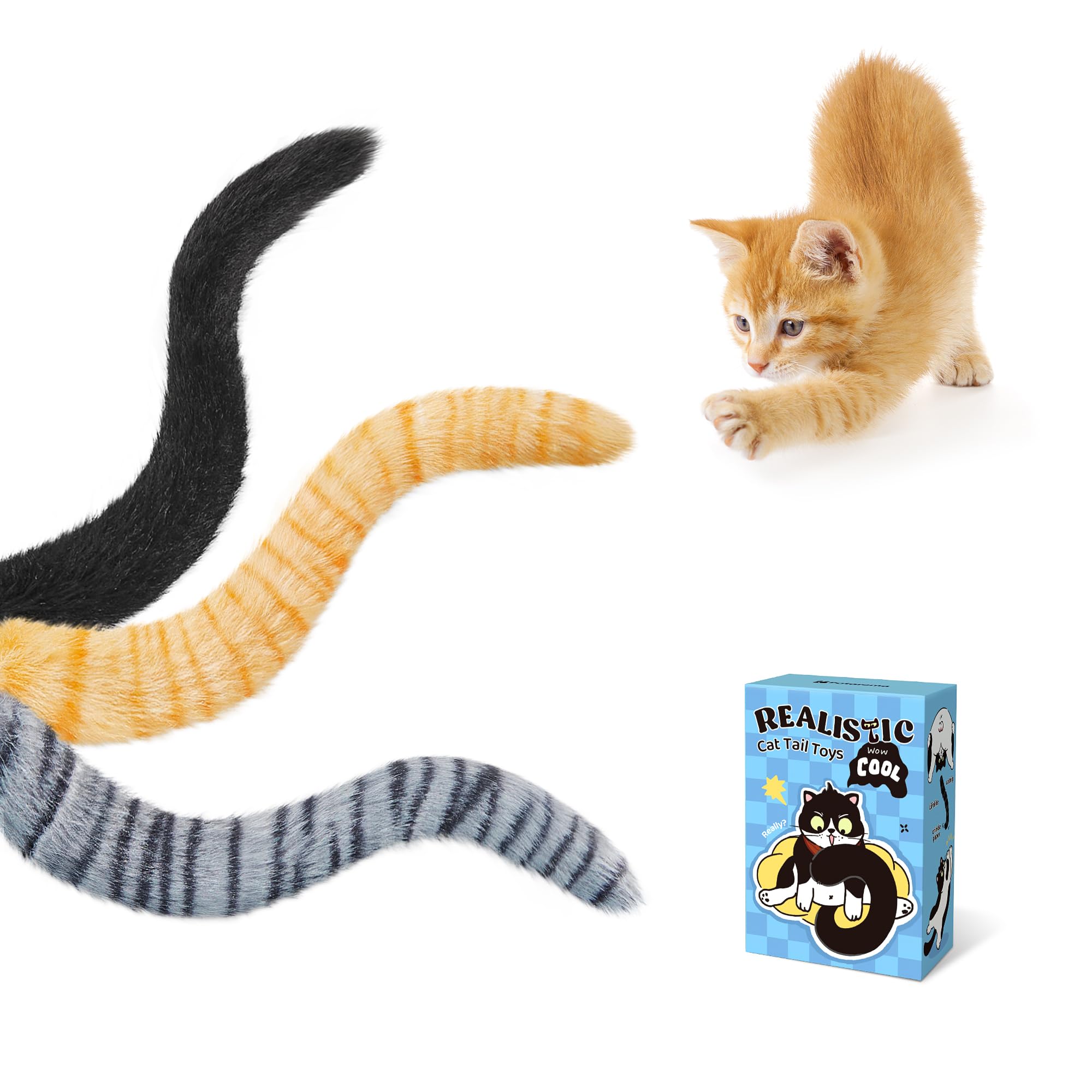 Potaroma Lifelike Tail Simulation Cat Toys, Pack Of 3, Fluffy Durable, Crinkle Sound With Catnip Inside, Interactive Indoor Kitt