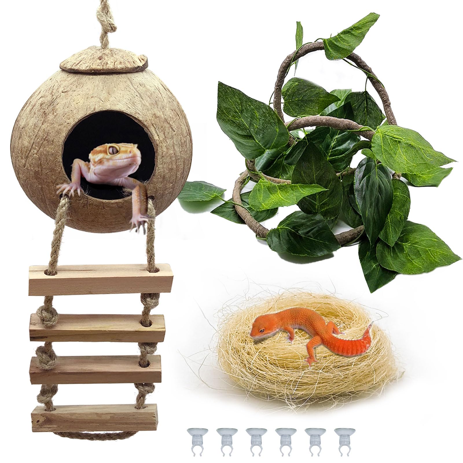 Tfwadmx Crested Gecko Coconut Hide,Leopard Gecko Coco Hut Hideout Cave With Ladder,Reptile Hanging Coconut Hut & Climbing Vine,Ideal Habitat Accessory For Hermit Crab, Snake,Lizard