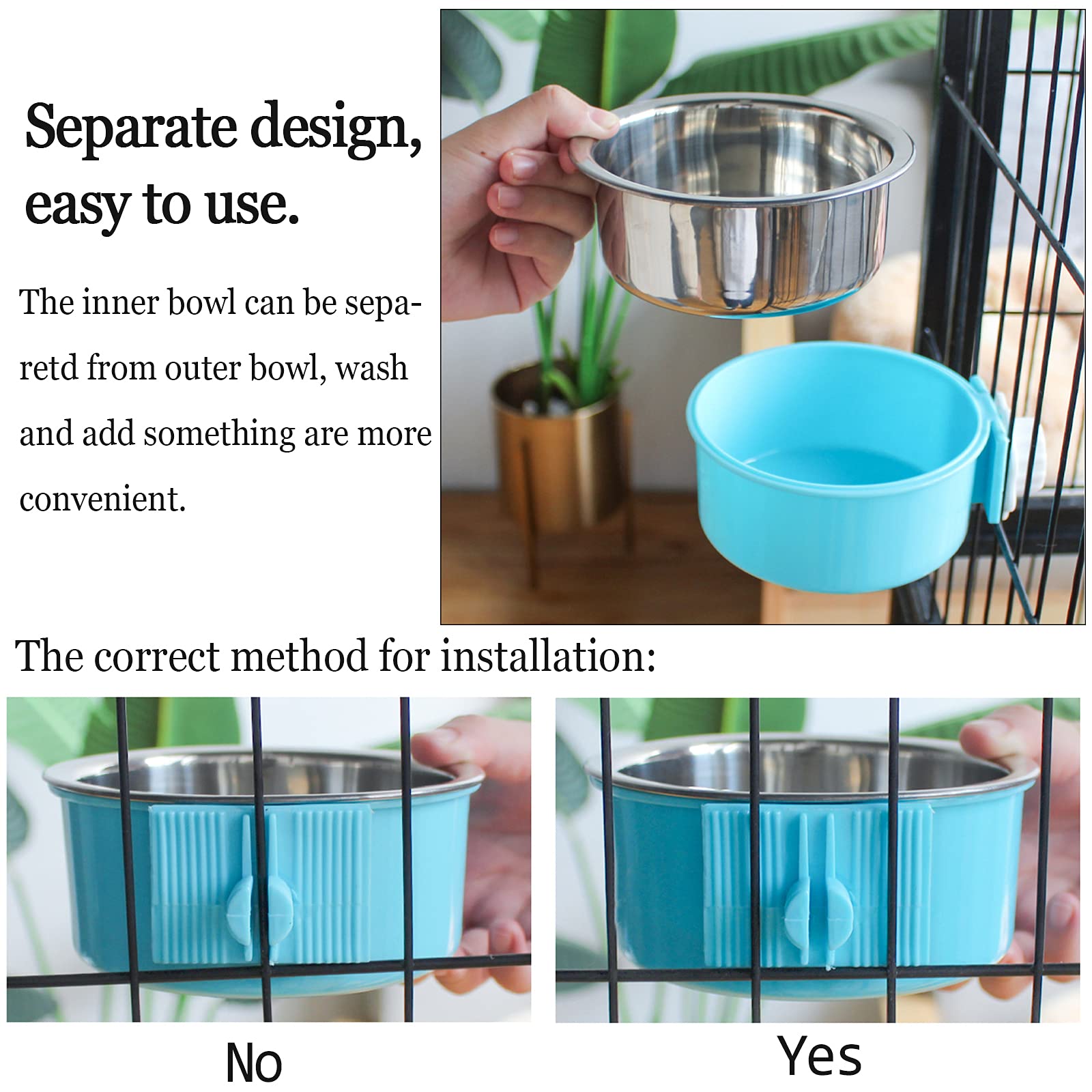 kathson Crate Dog Bowl, Removable Stainless Steel Hanging Pet Cage Bowl Food & Water Feeder Coop Cup for Cat, Puppy, Birds, Rats