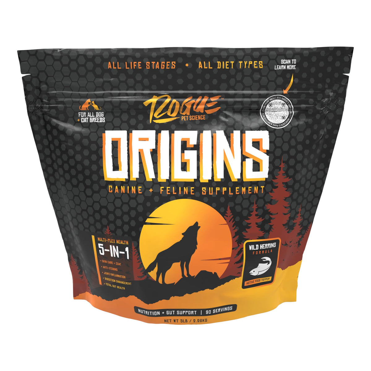 Rogue Pet Science Origins 5-In-1 Dog Supplement - Powdered Food Topper W/Natural Omega 3 Fish Oil - Supports Healthy Digestion, Skin, And Coat - Helps Reduce Itching & Joint Inflammation (5 Lbs)