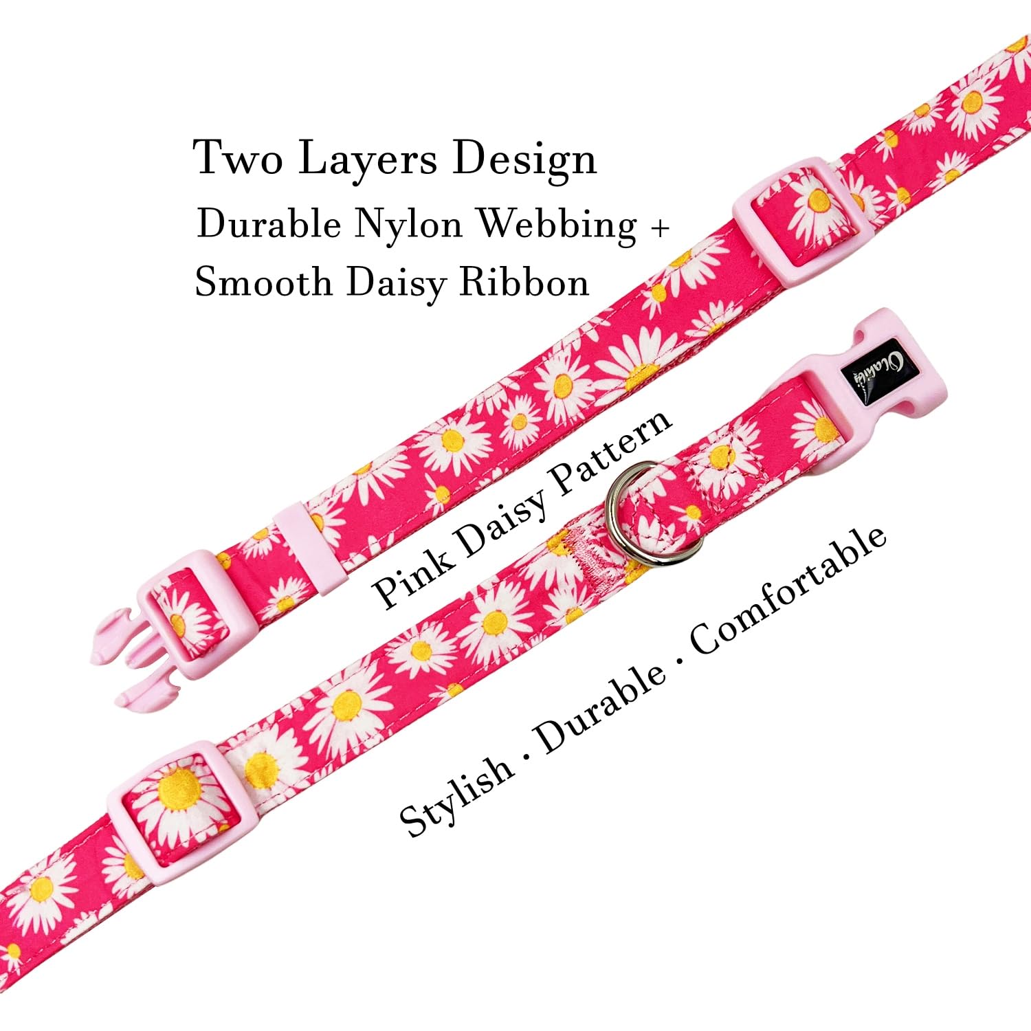 Olahibi Dog Collar, Floral Pattern, Nylon Webbing Plus Cotton Ribbon, For Large Dogs.(L, Pink Daisy)