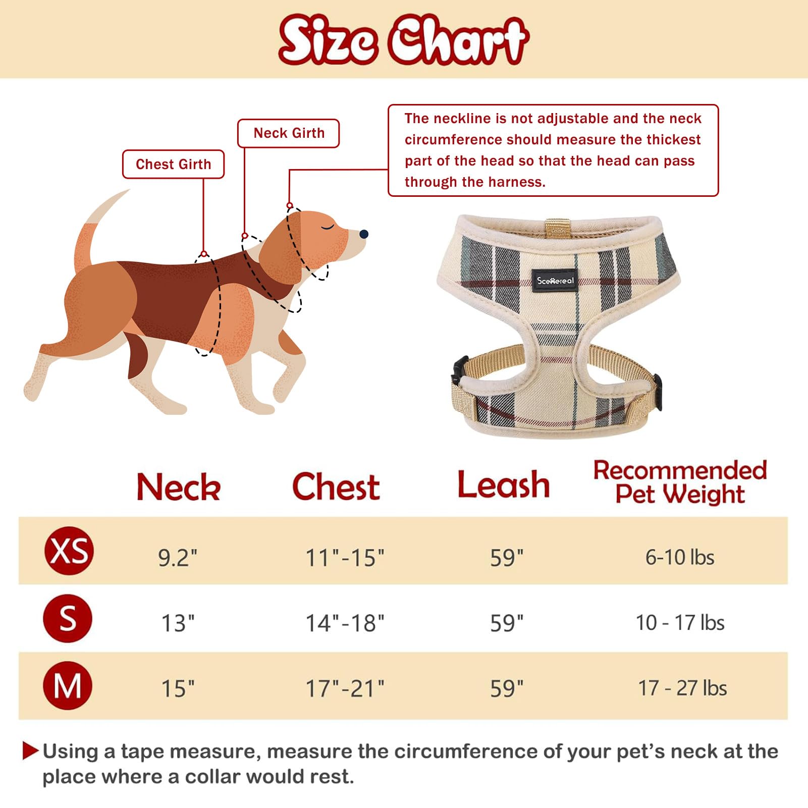 Scenereal Puppy Dog Harness With Leash Set For Small Medium Sized Dogs, Soft Mesh Step In Pet Harnesses And Leash, No Chock Plaid Adjustible No Pull Vest For Dogs Cats, Chihuahua,Bulldog (Beige M)