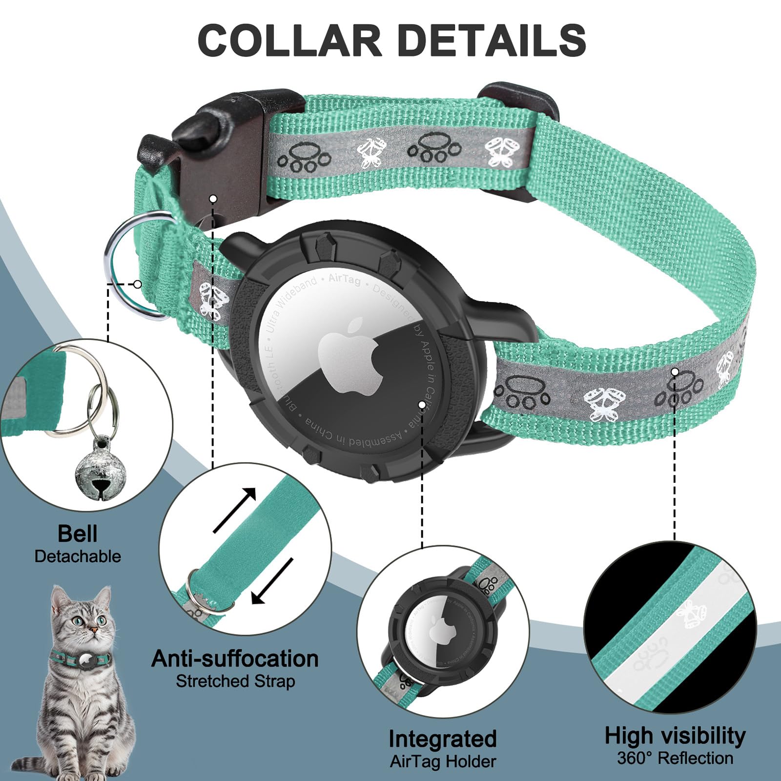 Reflective Airtag Cat Collar, Integrated Cat Tracker Collar With Air Tag Holder And Bell, Safety Elastic Band Cat Gps Collars For Girl Boy Cats, Kittens And Puppies (Green,S)