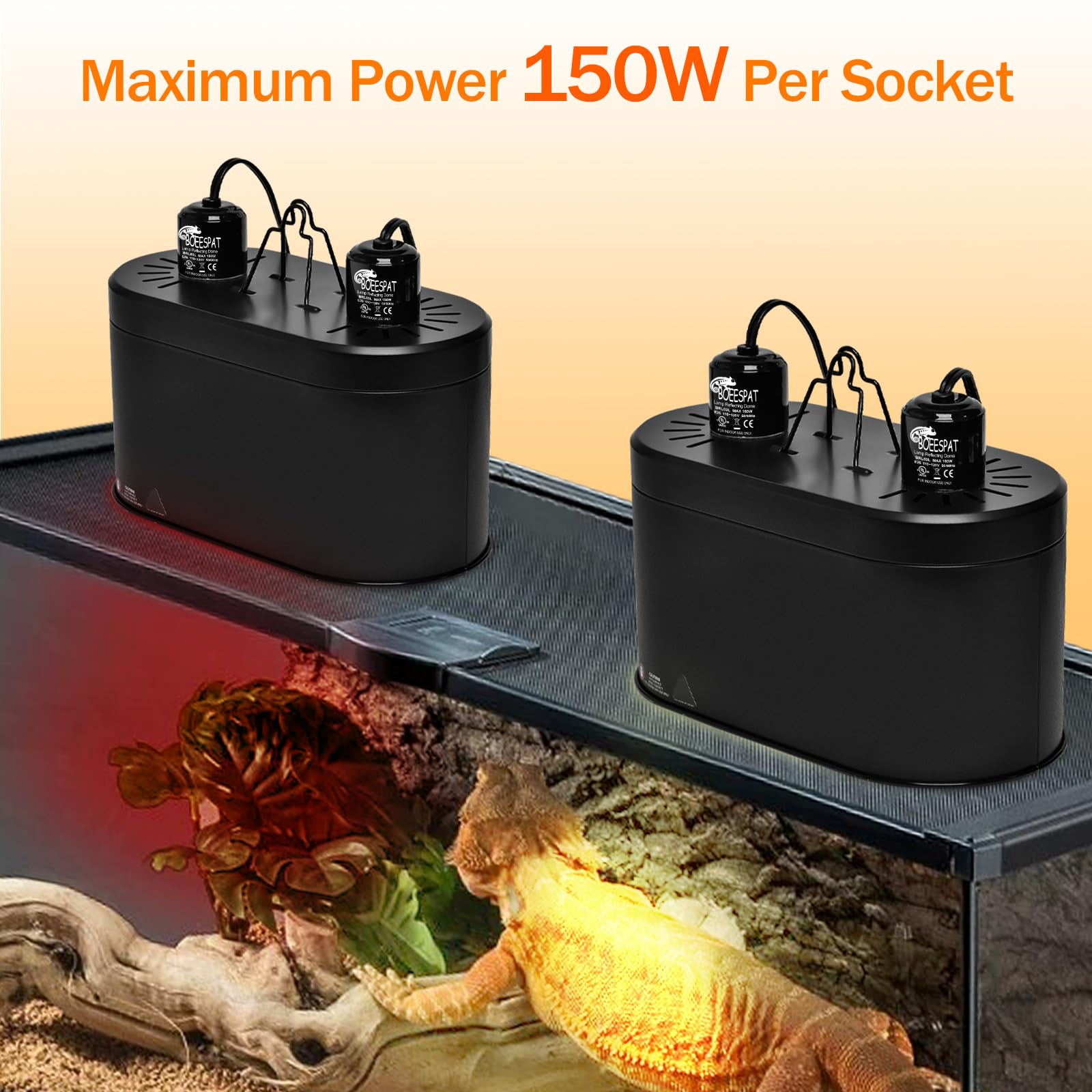 Boeespat Dual Reptile Reflector Dome Lamp Fixture Cap With Separate Switches For Reptile & Amphibian Habitat Terrariums (Max 150