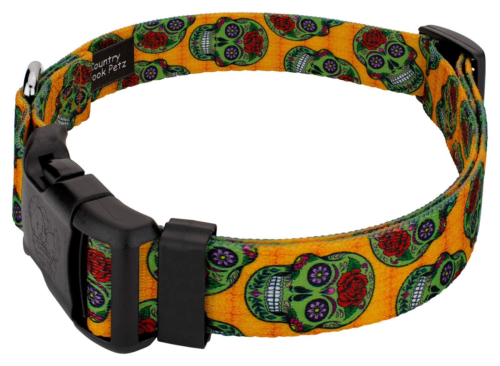 Country Brook Petz - Deluxe Sugar Skulls Dog Collar - Made In The U.S.A. - Halloween Collection Featuring Spooky Designs (1 Inch, Large)