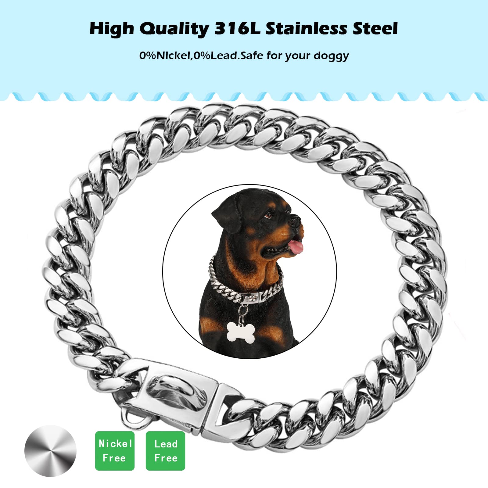 Strong Stainless Steel Silver Metal Chain Dog Collar with New Secure Buckle,14MM Cuban Link Chain Walking Collar,Dog Necklace Ch