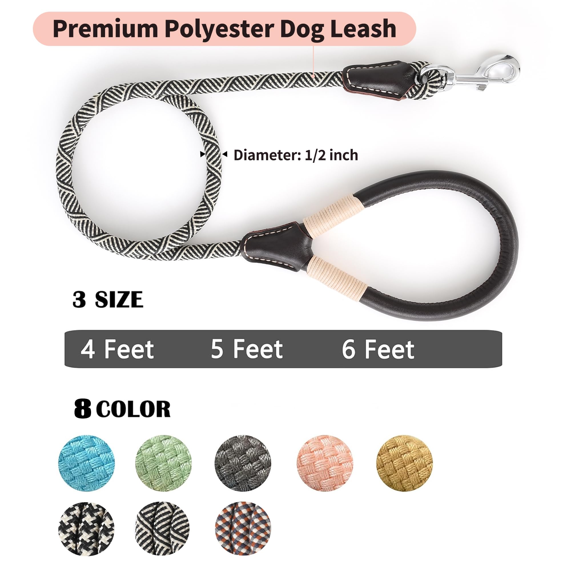 Mile High Life Genuine Leather Wrapped Handle Dog Leash, W Heavy Duty Clasp Rope Leash For Small Medium Large Dogs (Black Beige,