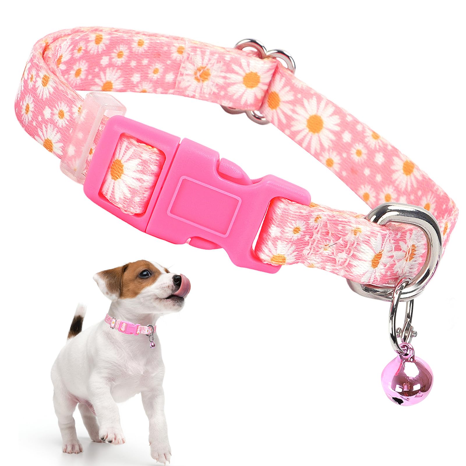 Pink Small Dog Collar With Bell, Pretty Floral Daisy Girl Cat Collar Flower Puppy Collars With Bells For Xs Small Tiny Pet Femal