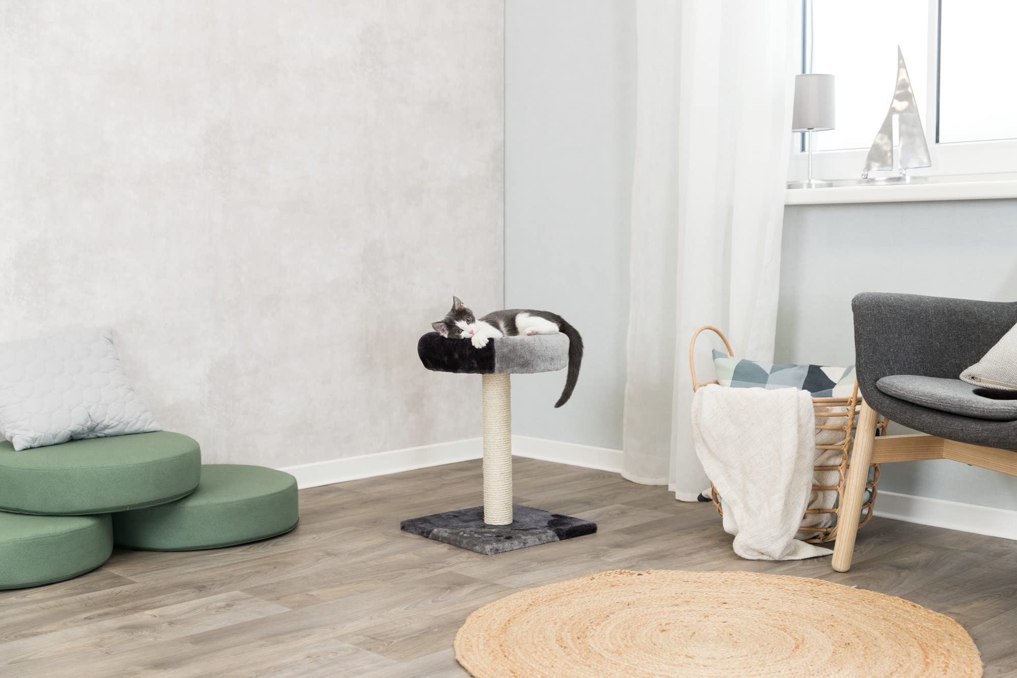 Trixie Tarifa Cat Scratching Post 20.5 Inch - Cat Scratcher With Soft Fabric Covering Base And Durable Sisal Rope - With Padded Platform - In Gray/Black