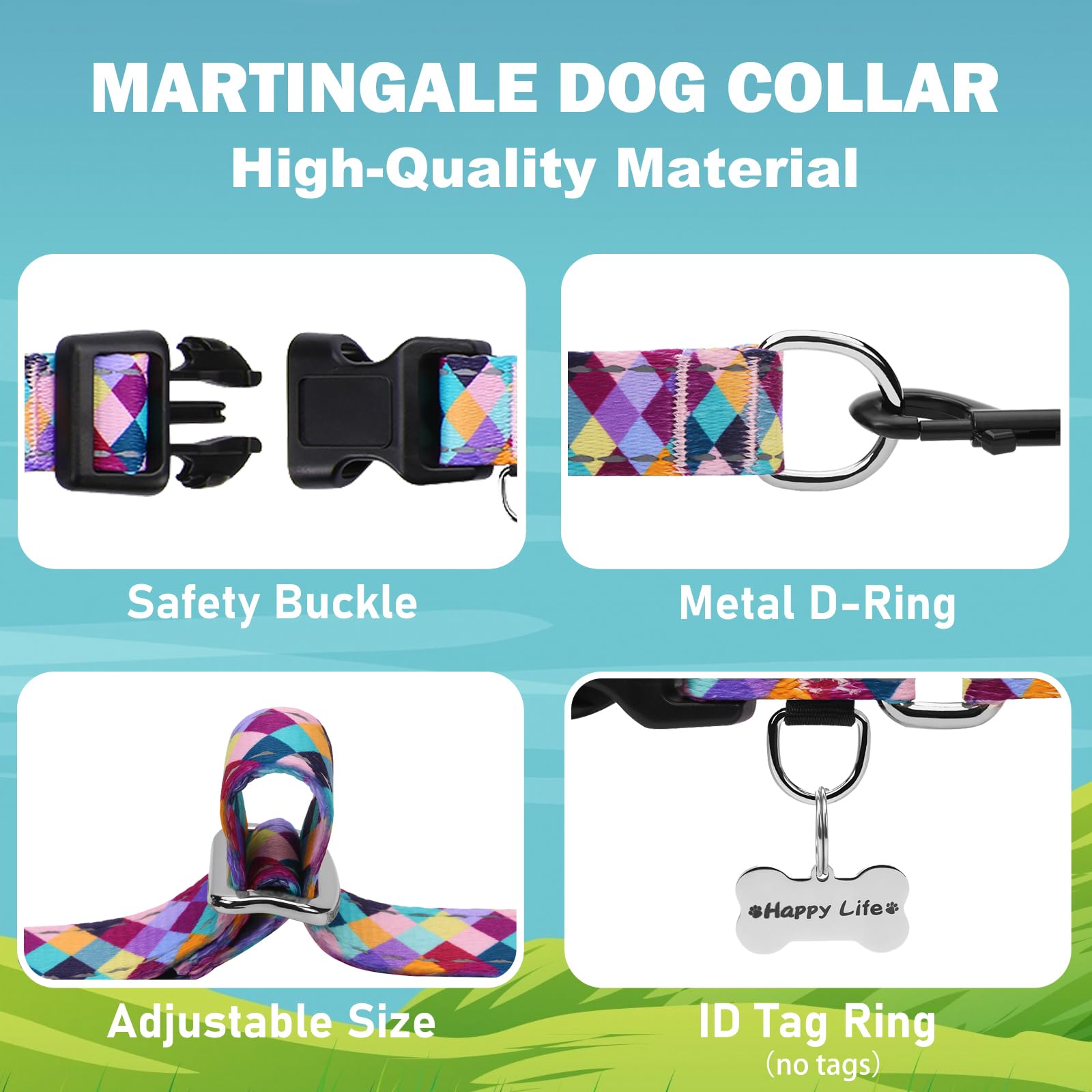 Fidohug Reflective Martingale Collar For Dogs With Quick Release Buckle No Pull Training Dog Collars (Colorful Geometric, Xsmall
