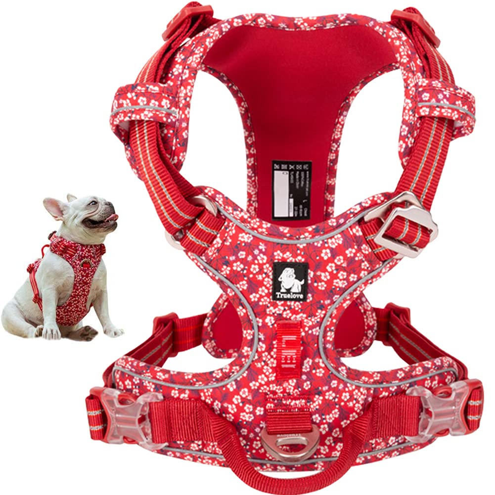 La La Pet® Floral No Pull Dog Harness Reflective Dog Vest Harness With Front & Back 2 Leash Clips And Easy Control Handle For Small Medium Large Dogs 3 Snap Buckles Easy To Put On & Take Off Red S