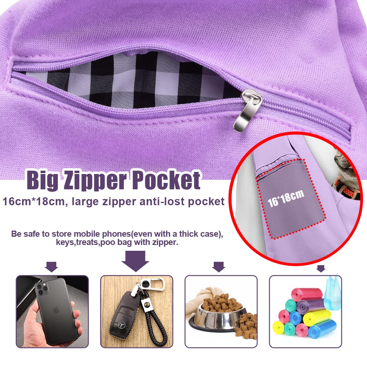 Tomkas Dog Sling Carrier For Small Dogs Puppy (Light Purple, Adjustable Strap & Zipper Pocket)