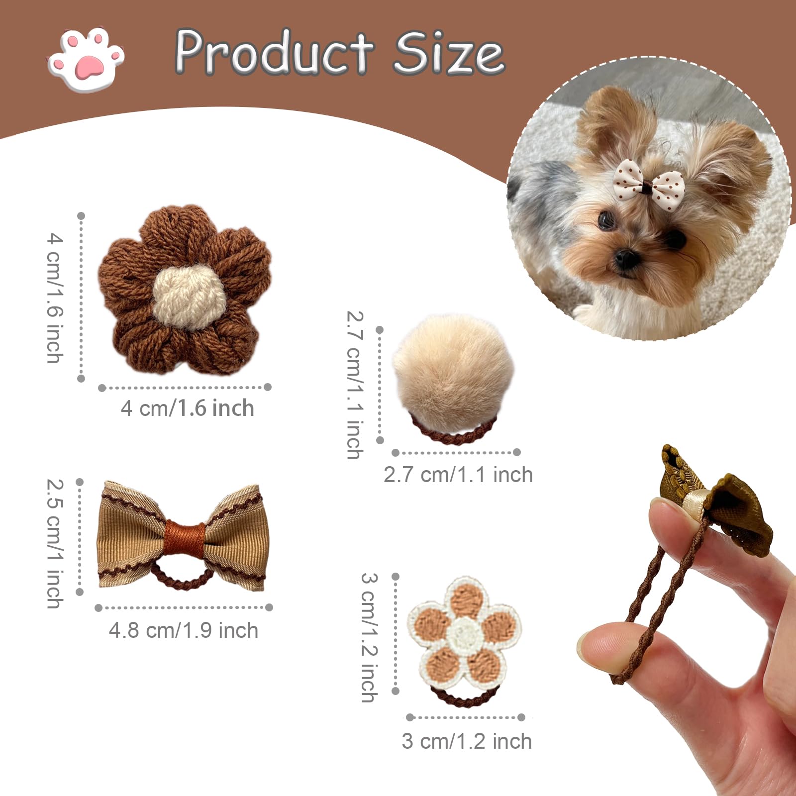 20 Pcs Small Dog Hair Bows with Rubber Bands Handmade Puppy Hair Bows Cute Grooming Flower Ball Bowknot Top Knot Dog Hair Access