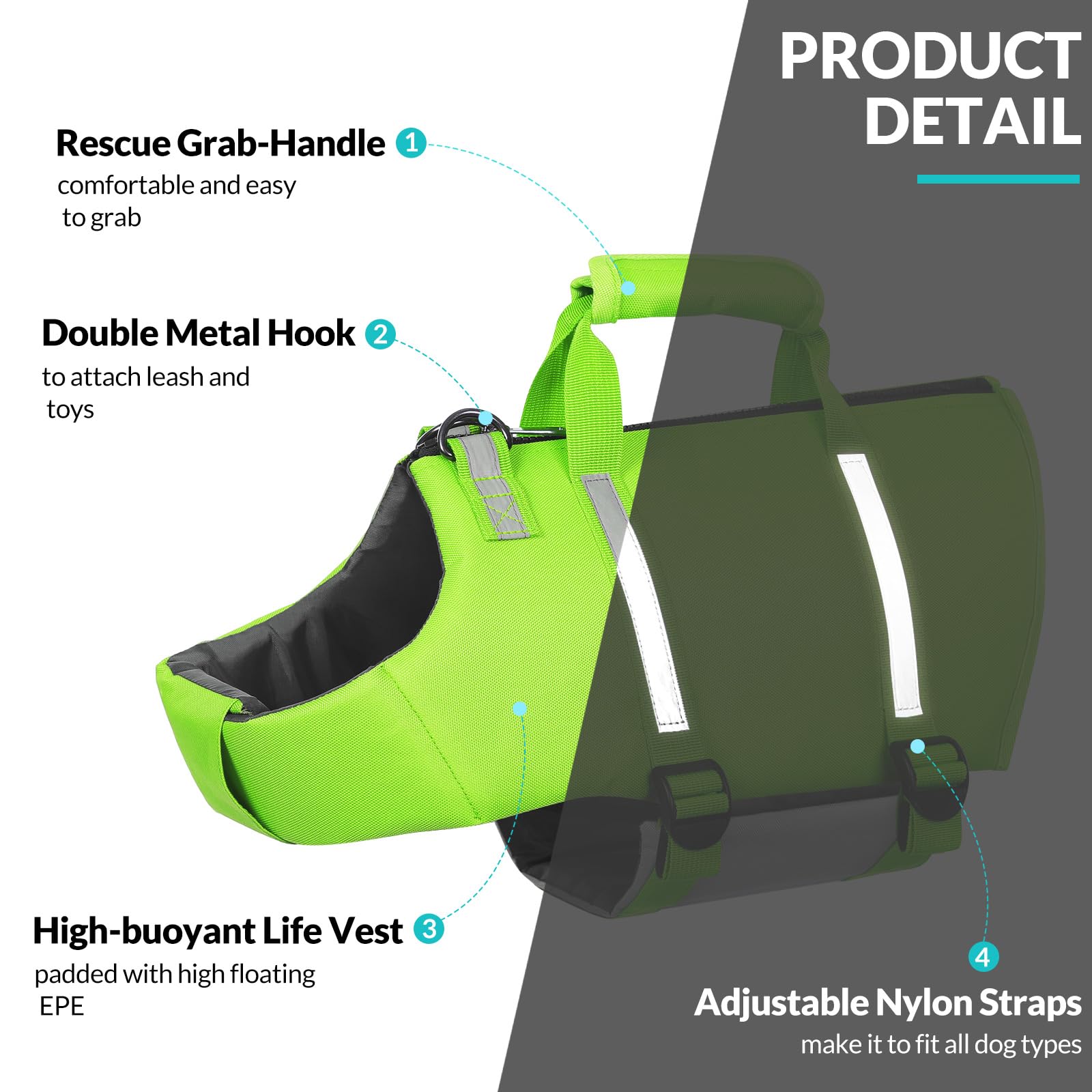 Queenmore Dog Swim Vest - Lightweight Adjustable Reflective Puppy Pet Float Life Preserver With Back Zip, Rescue Handle, Metal H