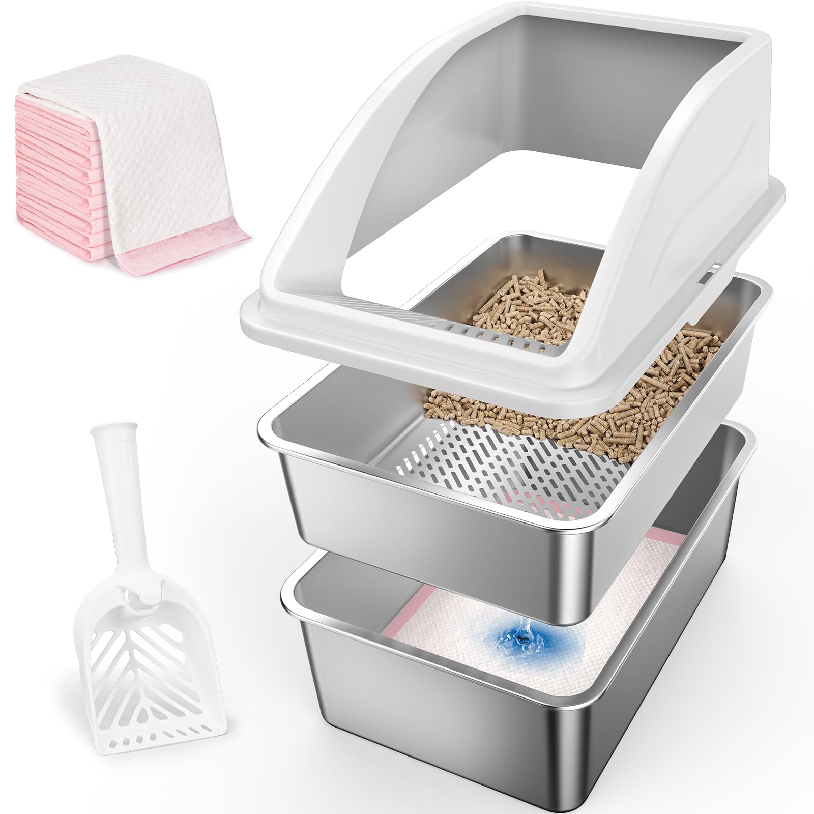 Stainless Steel Litter Box For Pine Pellet Cat Litter Non Clumping Litter System | Xxl Sifting Cat Litter Box With Lid For Big C