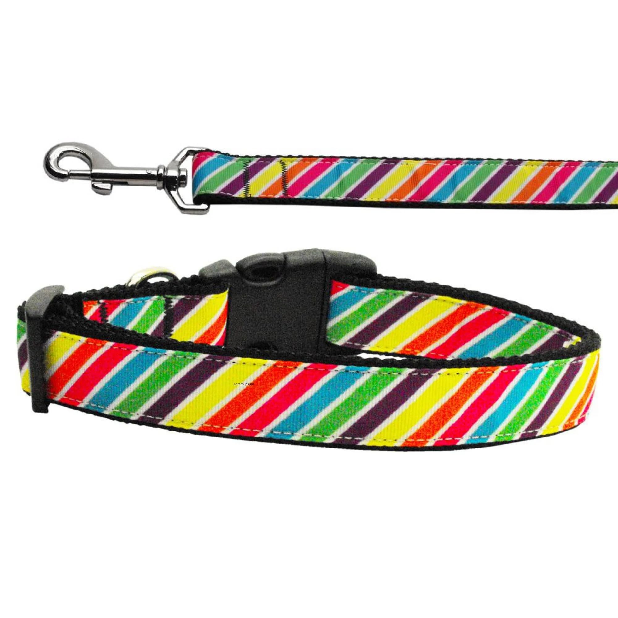 Pet Dog & Cat Nylon Collar or Leash, &quot;Striped Rainbow&quot; MD Narrow Collar