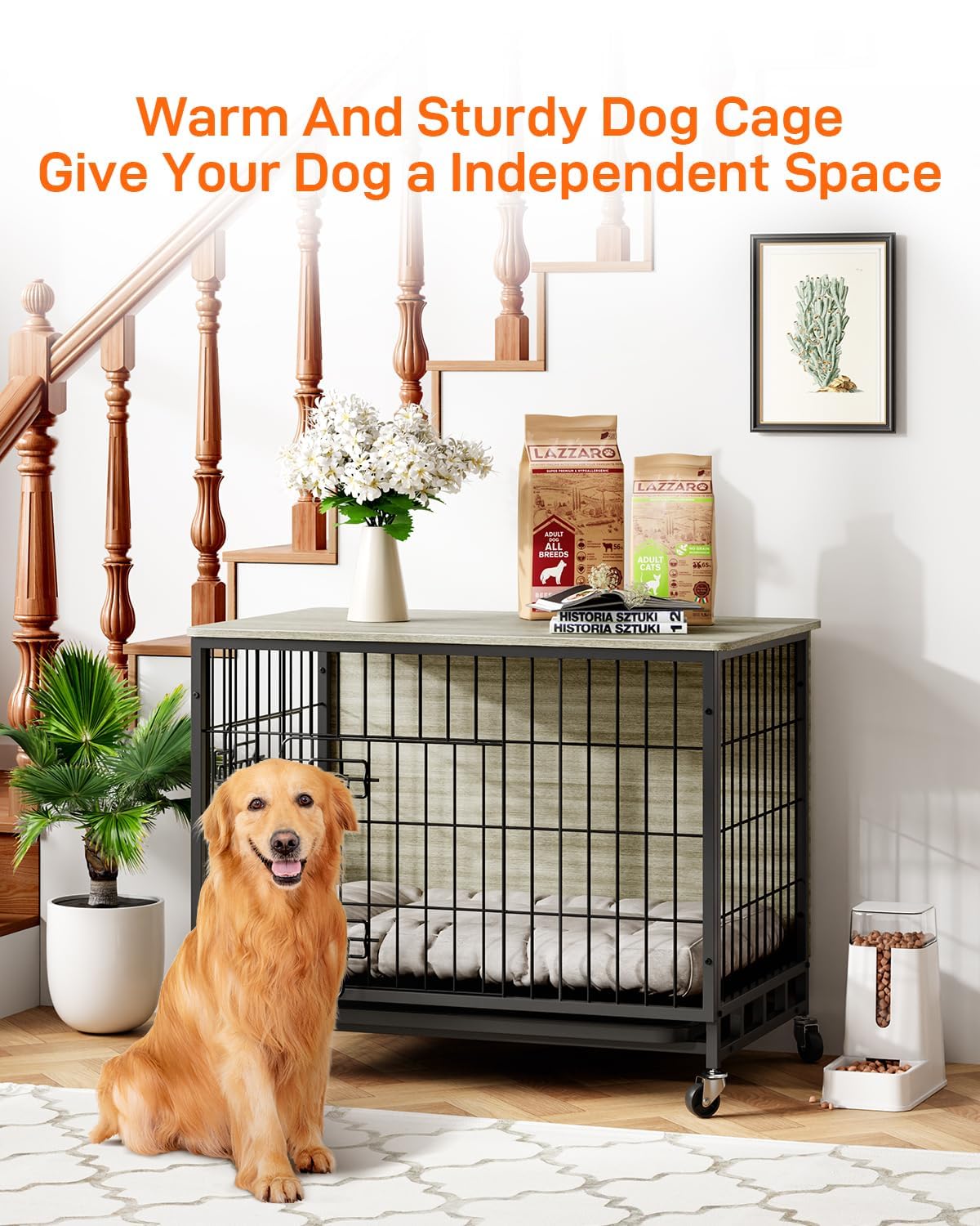 Dog Crate Furniture, 38 Dog Kennel End Table, Wooden Dog Cage with Wheels & Double Doors, Dog Crate Indoor Dog House for Large M