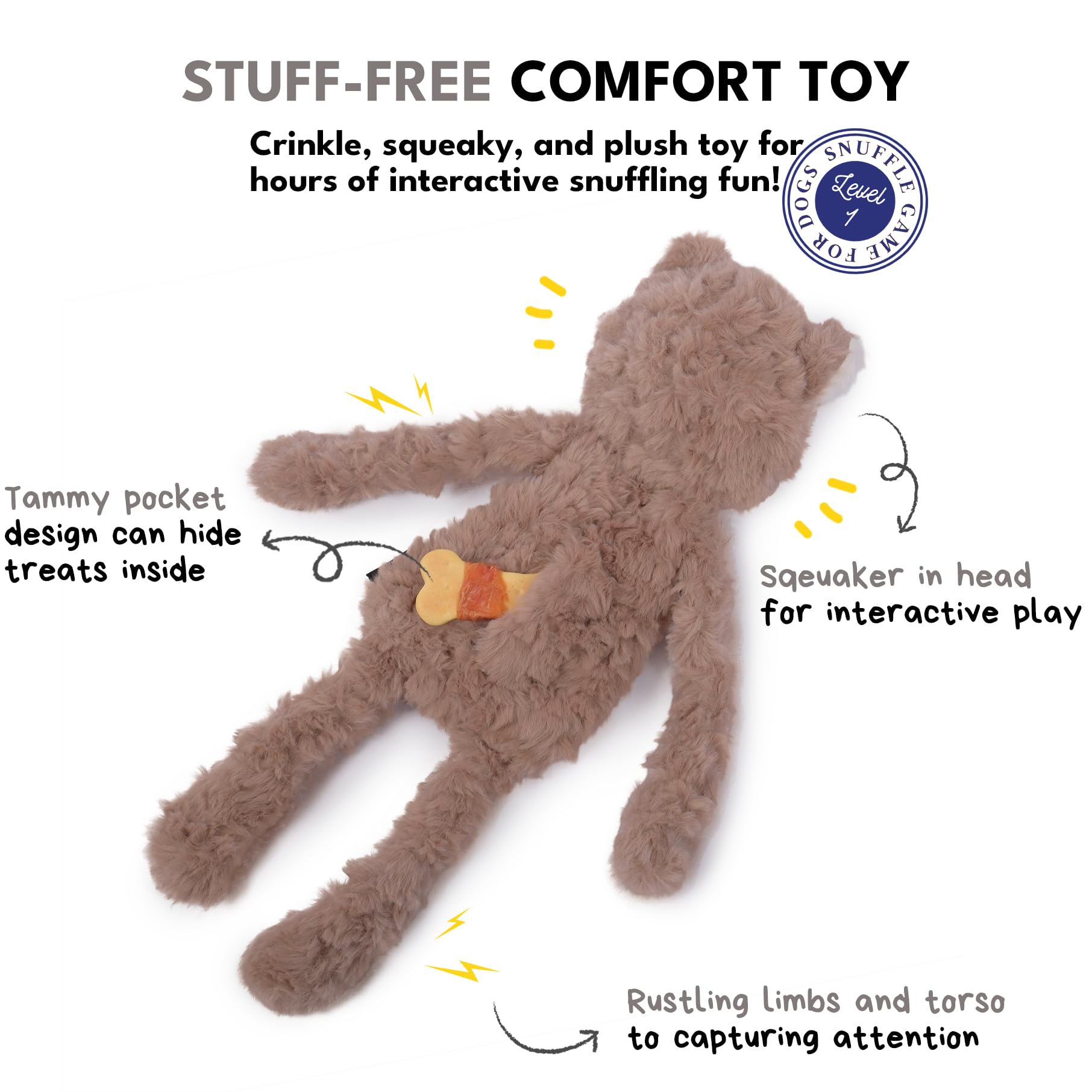 CHEWFFON Stuffless Dog Toy, Plush Puppy Squeaky Toy with Bear Design for Foraging Snuggling Fetch Retrieve, No Stuffing Crinkle