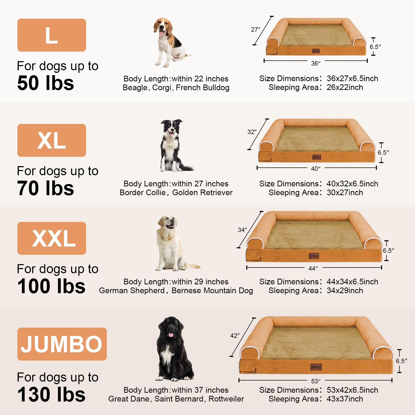 Large Dog Bed Orthopedic Washable: Jumbo Dog Bed Bolster Extra Large Dogs Egg Crate Foam Sofa Couch Waterproof Removable Cover - Orange