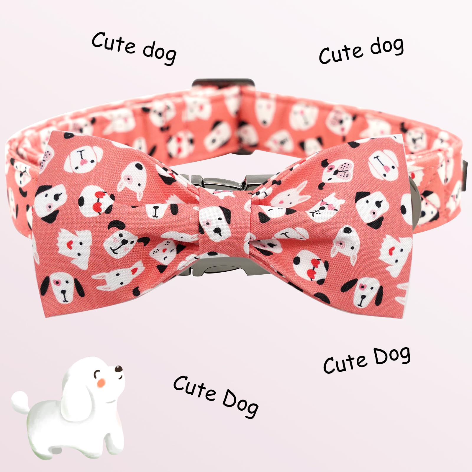 Elegant Little Tail Dog Collar With Bow Tie - Cute Heart Print Pink Pet Collar for Boys and Girls - Adjustable Bowtie for Large