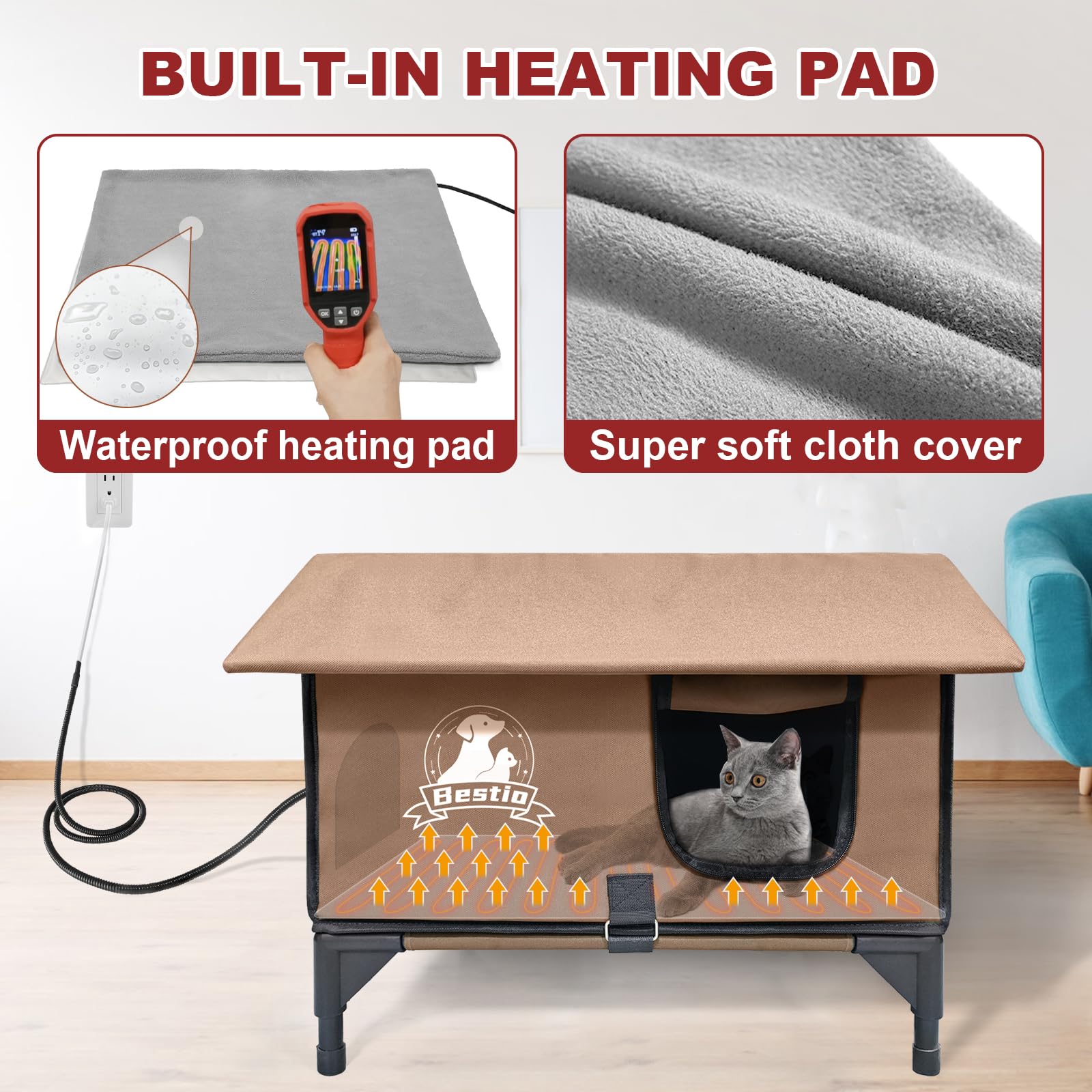 Bestio Heated Cat House For Outside With Pet Heating Pads, Outdoor Cat House Heated Weatherproof For Outside Feral Cat, Insulate