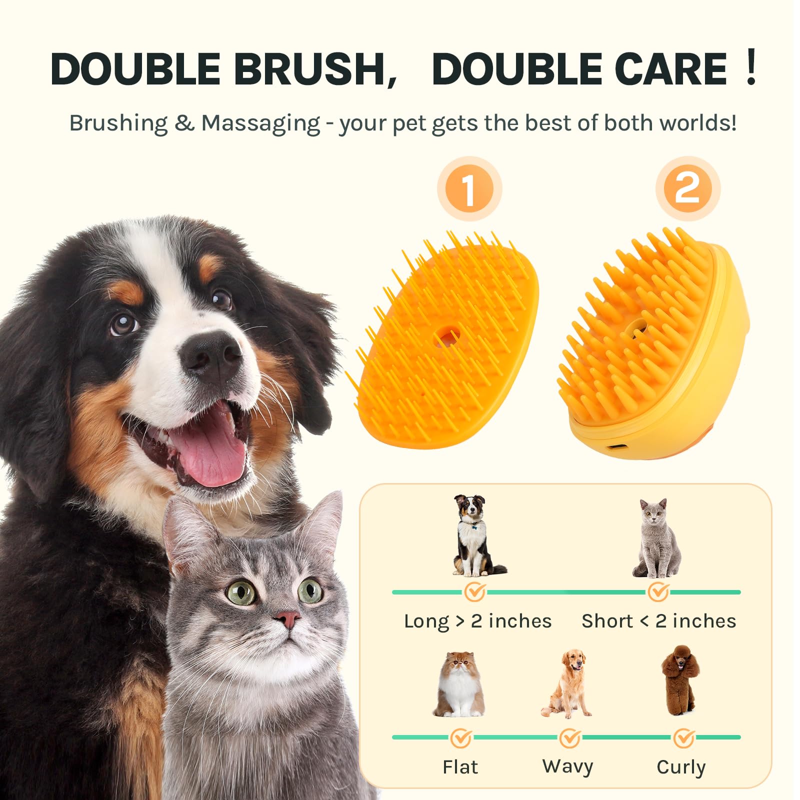 Wgp Cat Steam Brush For Shedding, Pet Grooming Brush With Dual Head, Spray Cat Brush, Cat Mist Brush, Skin Friendly Grooming, De