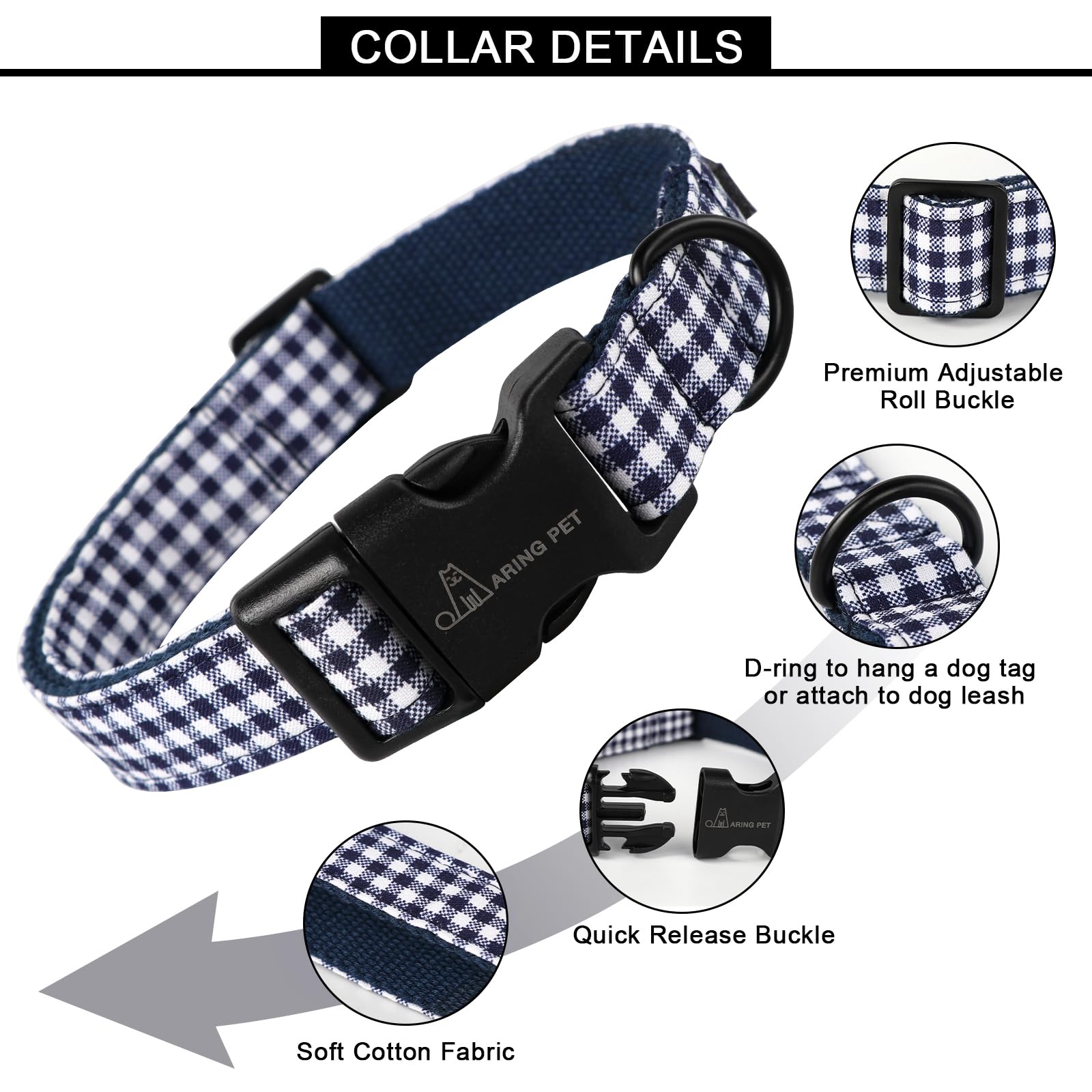 Aring Pet Dog Collar-Cute Dog Collar For Small Dogs, Adjustable Comfortable Cotton Plaid Pet Collars For Small Medium Large Male Female Dogs, Large