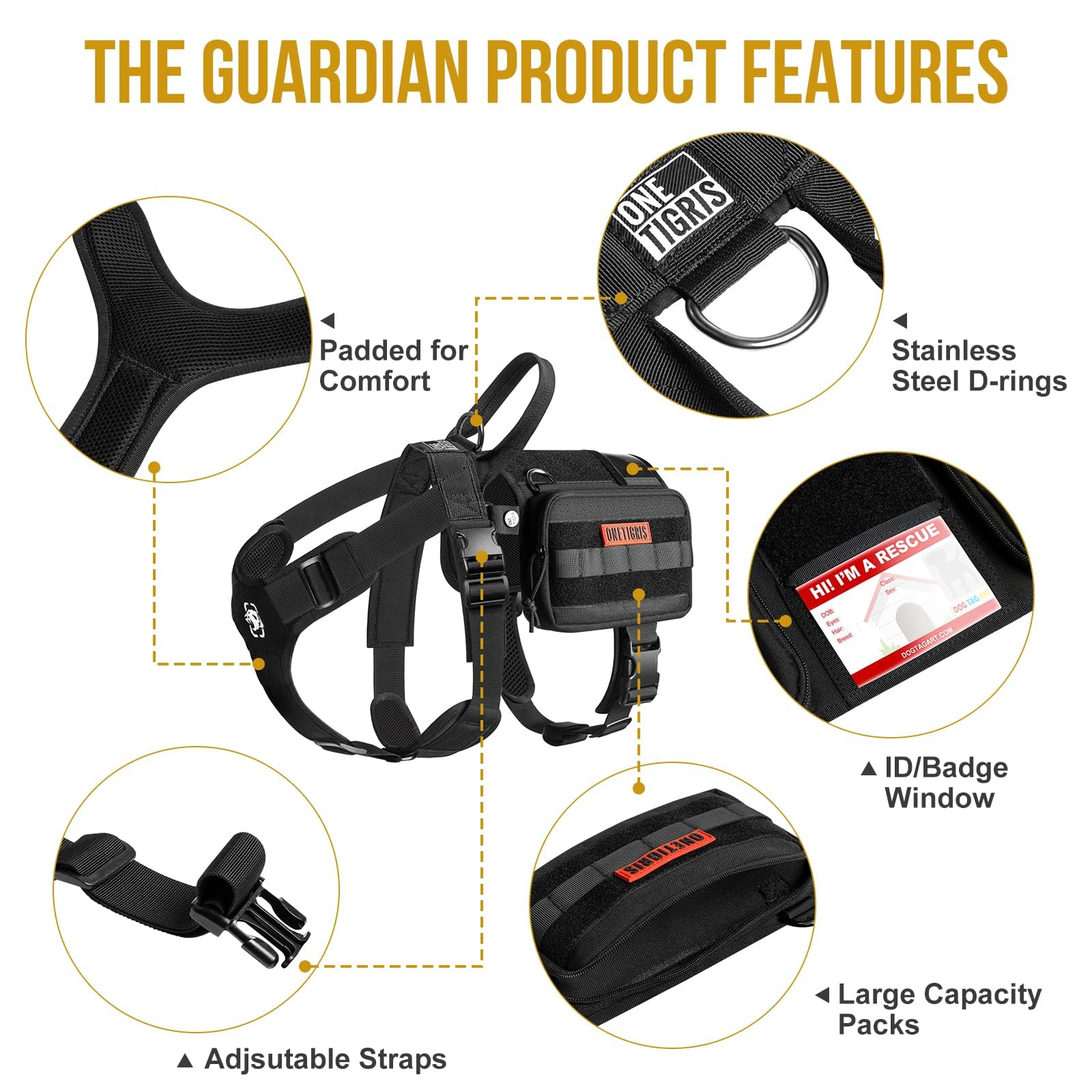 OneTigris Service Dog Vest Harness, Service Dog Cape Guardian Dog Molle Backpack with Pouches for Medium and Large Dogs (Black,