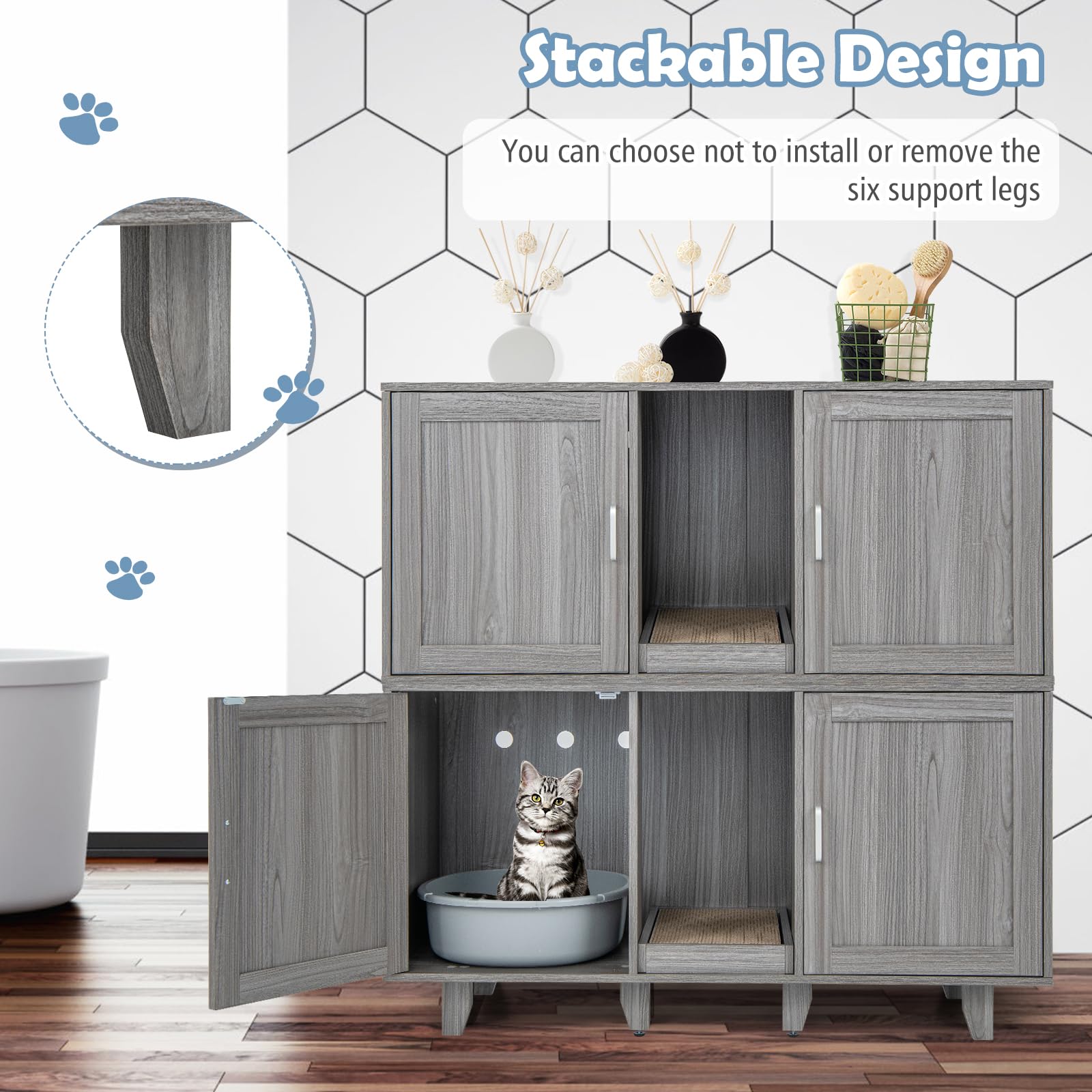 Petsite Litter Box Enclosure For 2 Litter Boxes, Hidden Cat Washroom Tv Stand End Table With 2 Cabinet, Scratching Board, Indoor Cat Litter Furniture (Grey Wash)