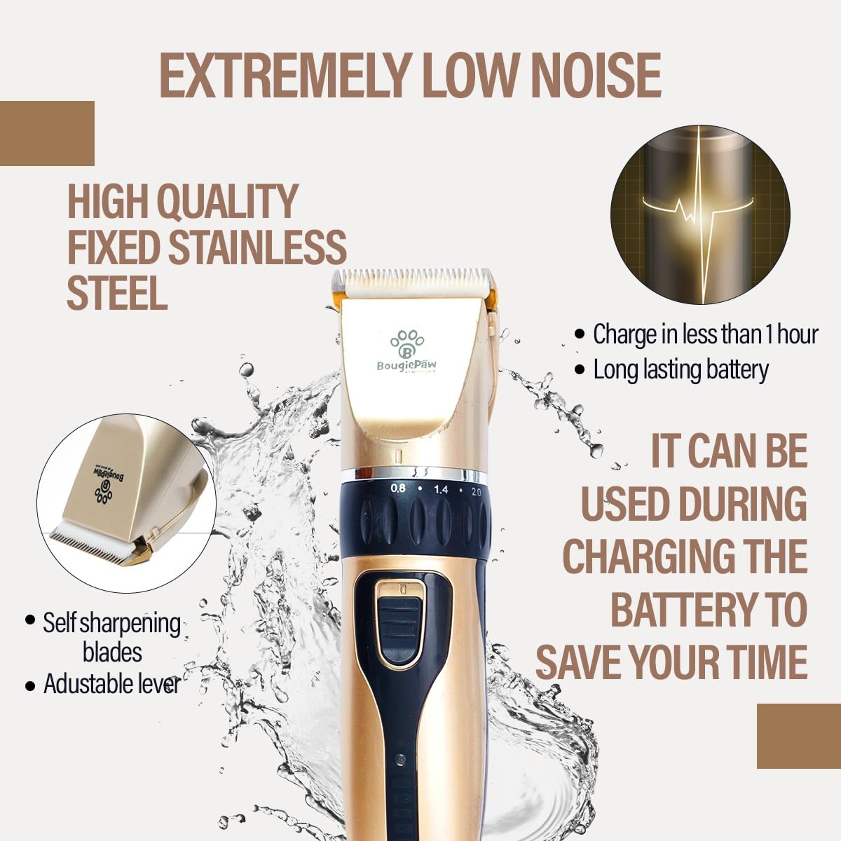 BougiePaw Grooming Kit - Rechargeable Low Noise Dog & Cat Clippers, Stainless Steel, Gold with LED Display, Includes Trimmer & Bath Brush