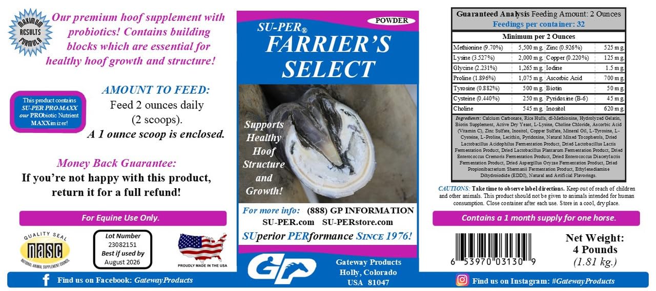 SU-PER Farriers Select Hoof Supplement - Horse Premium Hoof Care Supplement with Probiotics - Healthy Hoof Growth - 4 Pounds, 1
