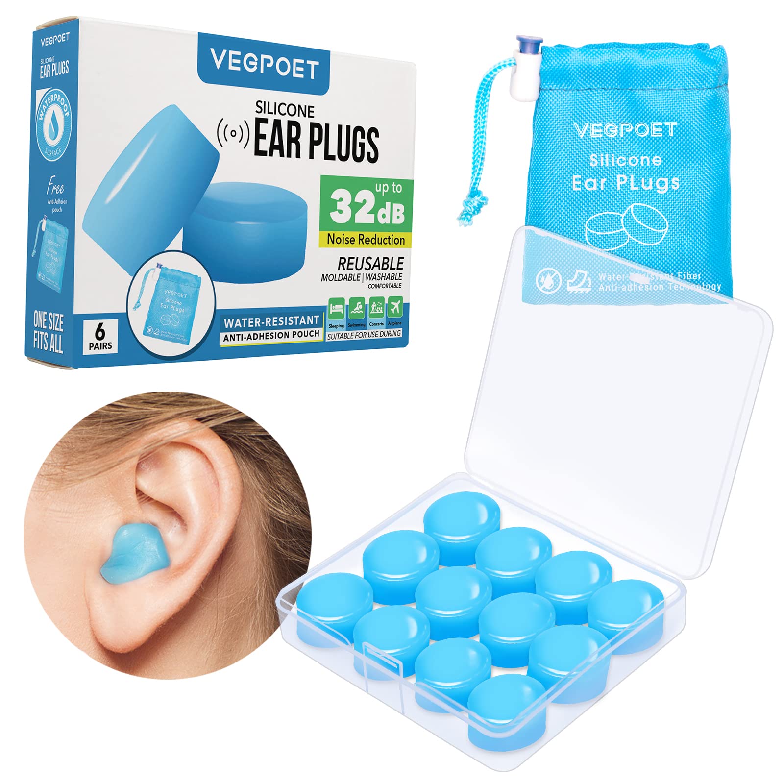Ear Plugs for Sleeping - Vegpoet Reusable Moldable Silicone Earplugs Noise cancelling Reduction for concerts, Swimming, Shooting