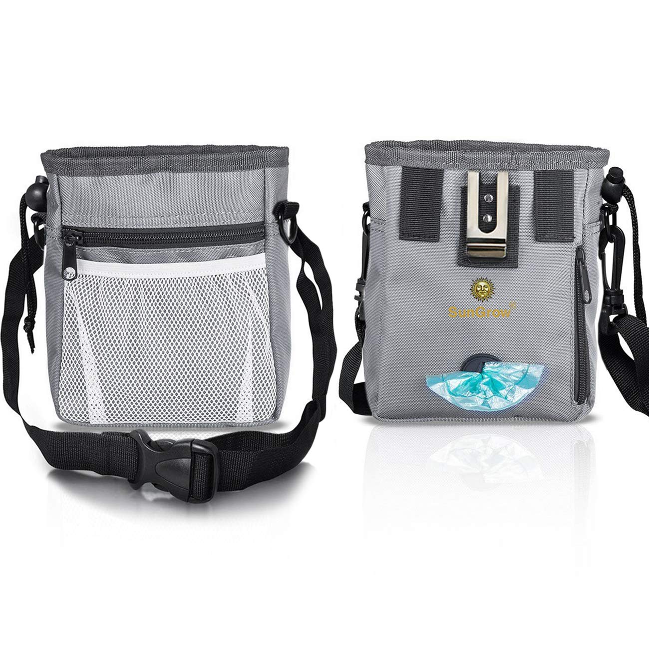 SunGrow Dog Travel Pouch, Training Bag for Treats, Kibbles, Toys & Accessories, Gray, Multiwear and Weather-Proof, 1 Pouch with 