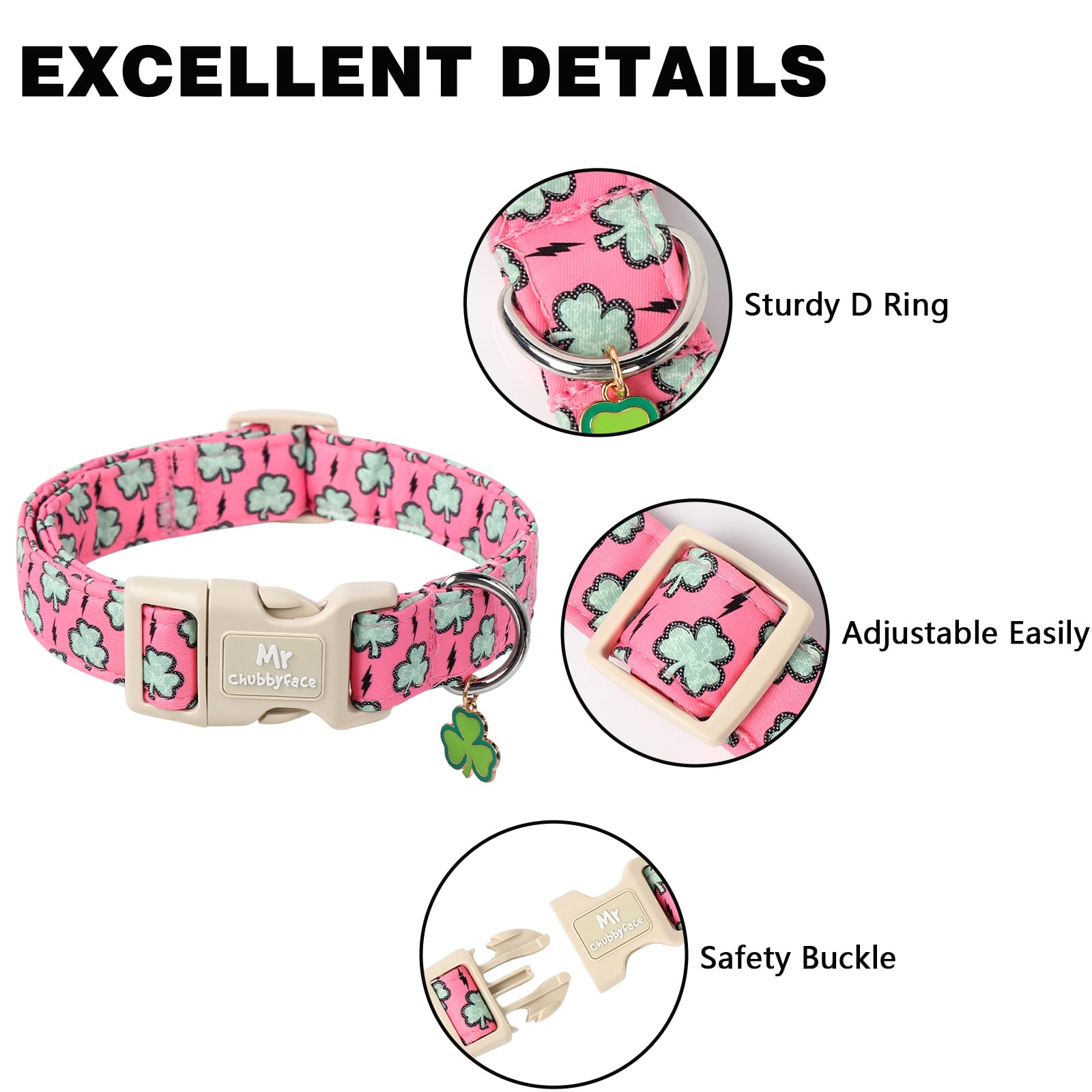 Mr.Chubbyface St. Patrick'S Dog Collar,Pink Clover Shamrock Pet Collar With Quick Release Buckle, Durable Adjustable Spring Coll