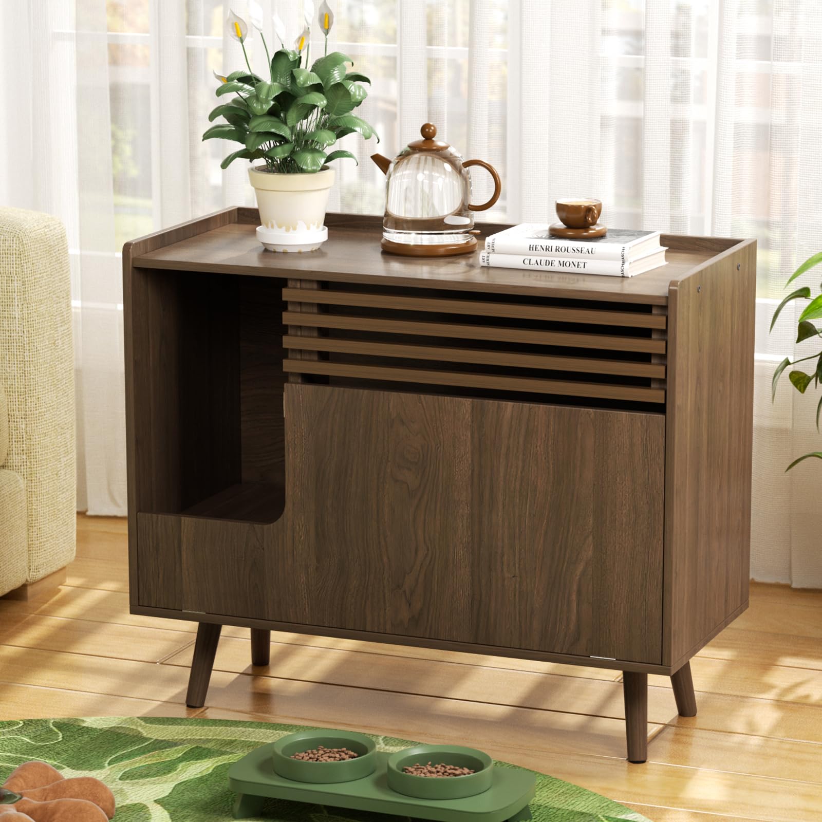 Halitaa Mid-Century Modern Hidden Litter Box Furniture With Cat Scratch Pad, Flip-Down Opening Litter Box Cabinet Cat Washroom E