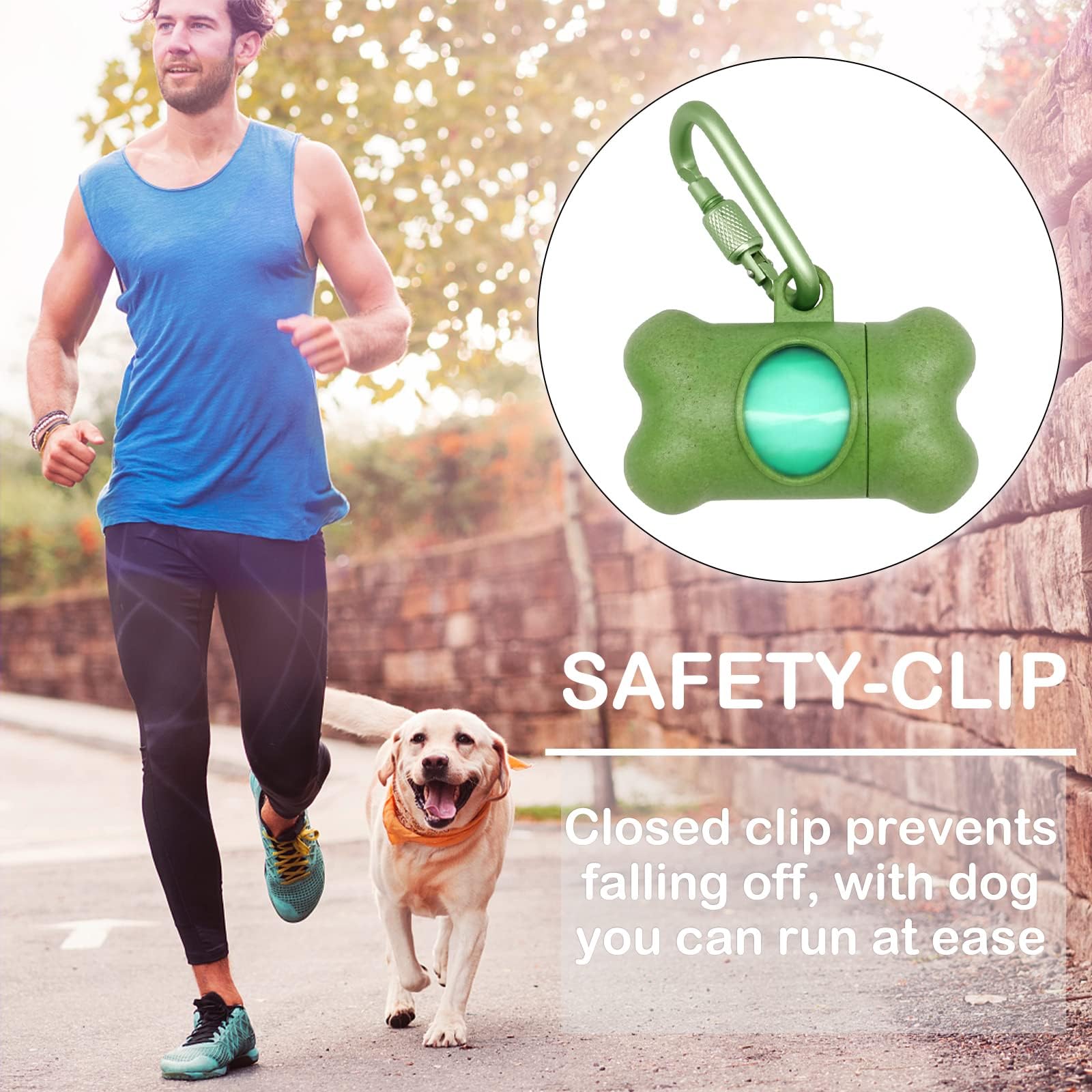 Dog Poop Pickup Bags Holder Dispenser With 1 Roll Random Color Leak-Proof Scented Doggy Waste Bags And Carabiner With Safety Lock Plus Hook And Loop Fastener Never Loose On Leash Lead Again (Green)