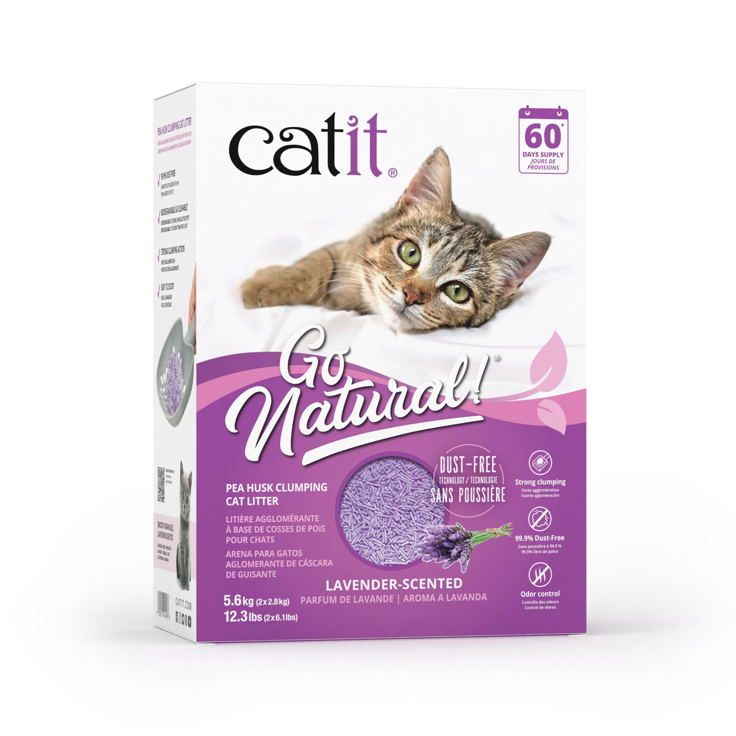 Catit - Go Natural Pea Husk Clumping Cat Litter - Lightweight, Dust Free, Easy Cleaning & Scooping, Flushable Kitty Litter With Odor Control & Subtle Fragrance - 12.3 Lbs, Lavender Scented