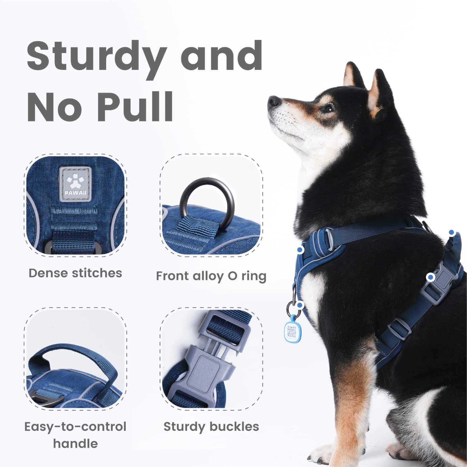 Pawaii No Pull Dog Harness With Pet Id Tag,Reflective Strips No Choke Front O Ring Breathable Mesh Adjustable Soft Padded Pet Ve