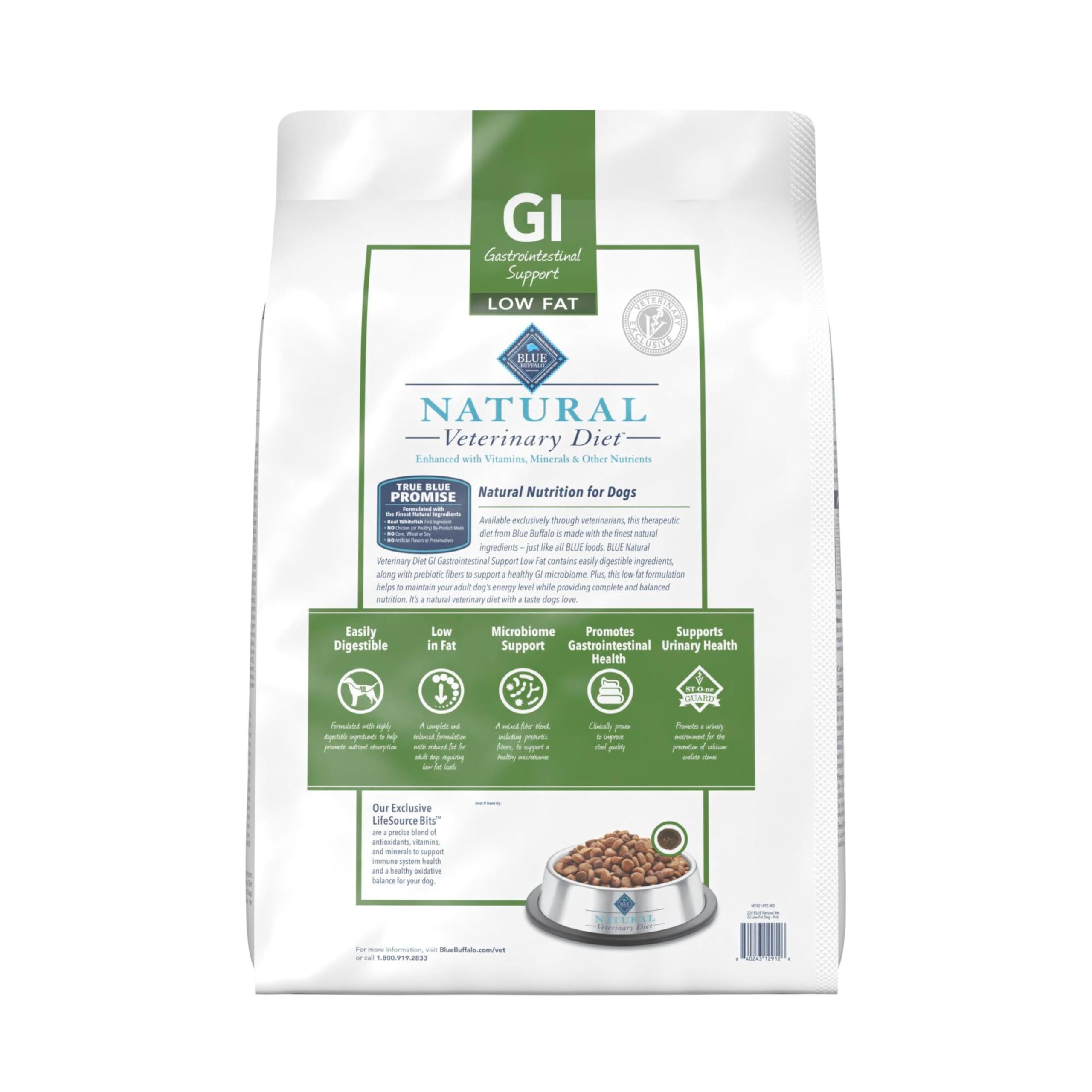 Blue Buffalo Natural Veterinary Diet GI Low Fat Gastrointestinal Support Dry Dog Food, Veterinarians Prescription Required, Whi