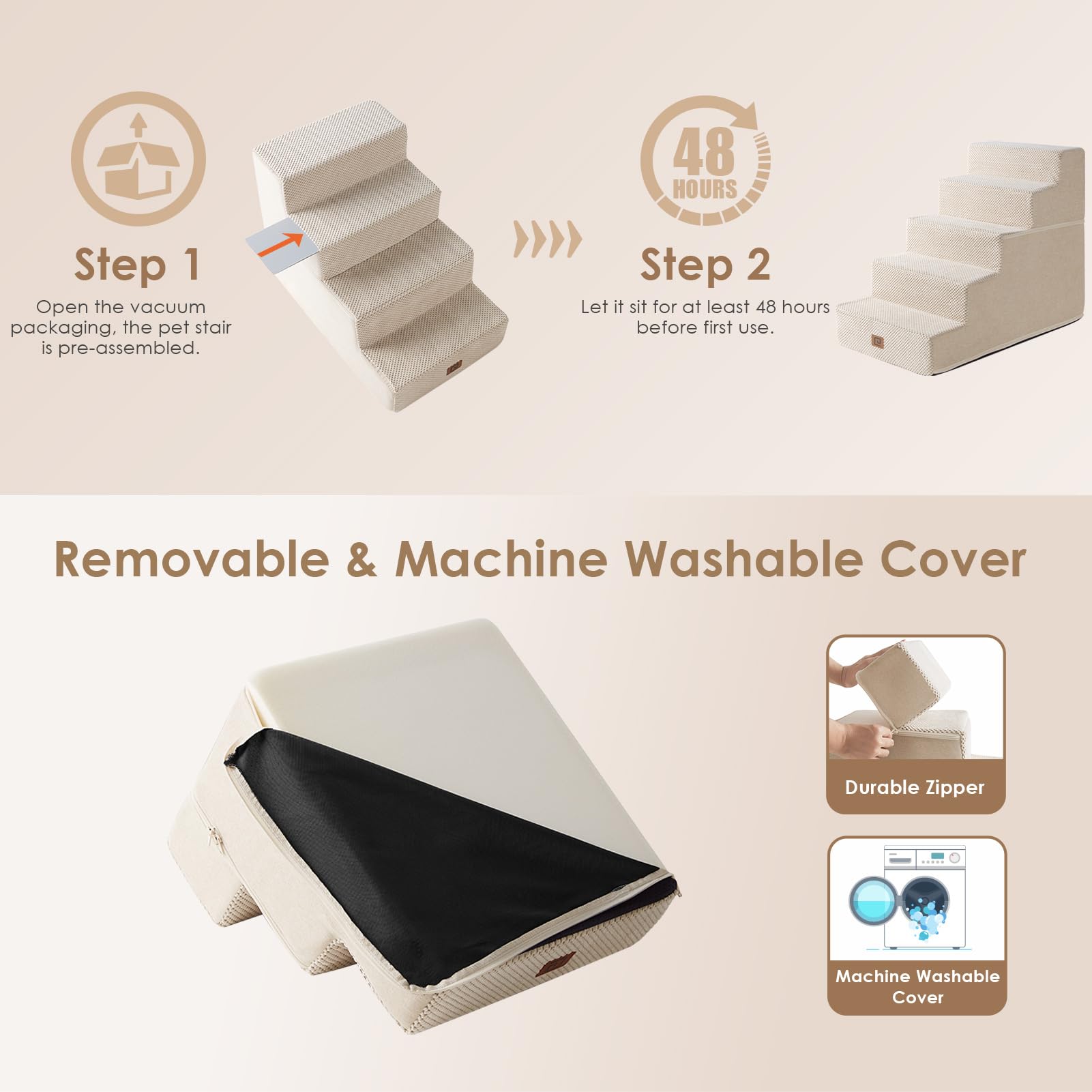 Eheyciga Dog Stairs For High Bed 22.5”H, 5-Step Dog Steps For Bed, Pet Steps For Small Dogs And Cats, Non-Slip Balanced Dog Indoor Ramp, Beige